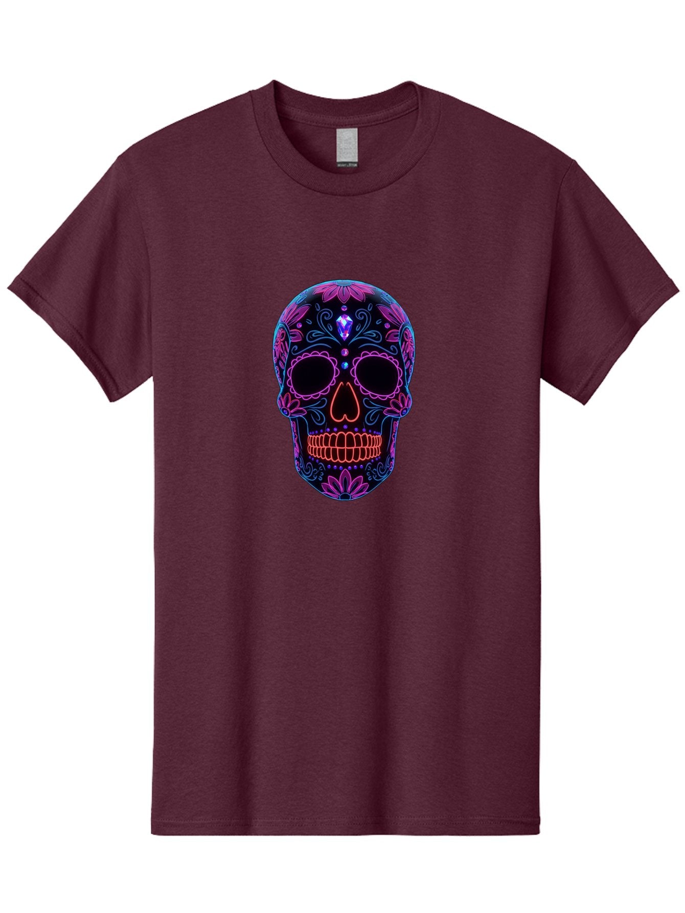 Sugar-Skull-16 Men'S Graphic Tee, 100% Cotton, Comfortable Casual Summer Wear, Machine Washable, Sugar Skull Design, Day Of The Dead, Neon Lights, Floral Patterns, Vibrant Colors, Mexican Culture, Gothic Style, Gemstone Decoration, Bad765 6
