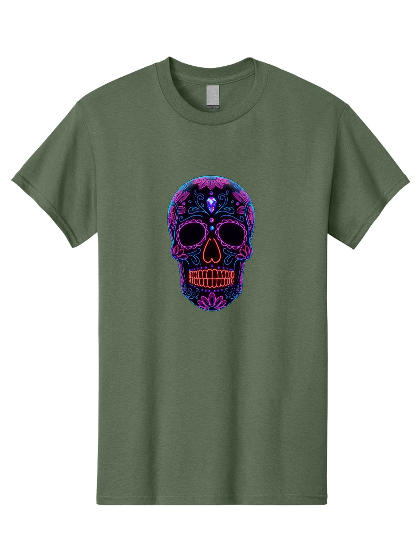 Sugar-Skull-16 Men'S Graphic Tee, 100% Cotton, Comfortable Casual Summer Wear, Machine Washable, Sugar Skull Design, Day Of The Dead, Neon Lights, Floral Patterns, Vibrant Colors, Mexican Culture, Gothic Style, Gemstone Decoration, Bad765 13