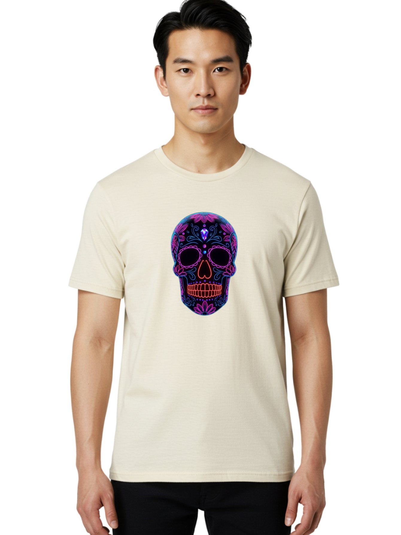 Sugar-Skull-16 Men'S Graphic Tee, 100% Cotton, Comfortable Casual Summer Wear, Machine Washable, Sugar Skull Design, Day Of The Dead, Neon Lights, Floral Patterns, Vibrant Colors, Mexican Culture, Gothic Style, Gemstone Decoration, Bad765 30