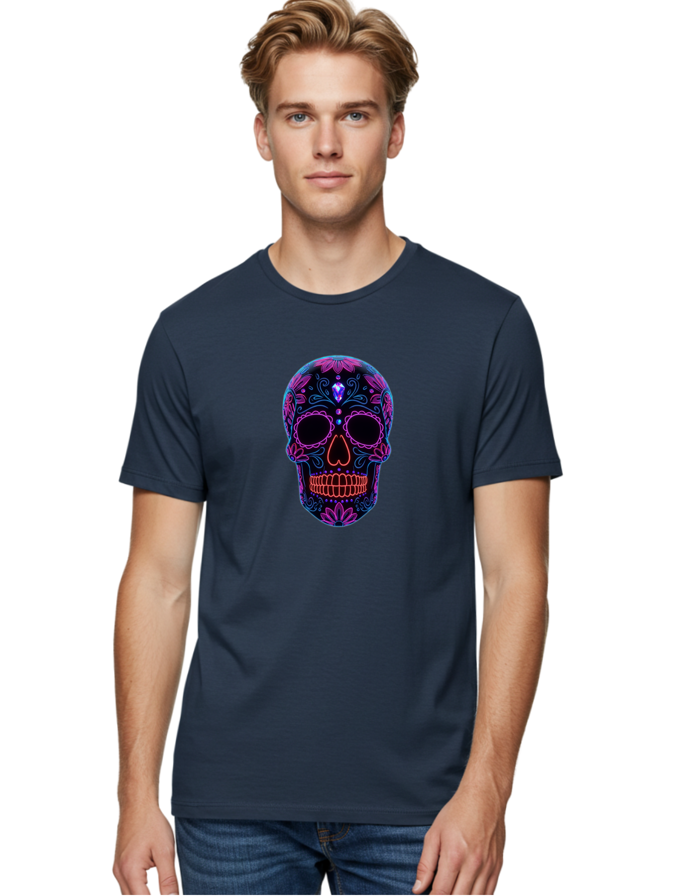 Sugar-Skull-16 Men'S Graphic Tee, 100% Cotton, Comfortable Casual Summer Wear, Machine Washable, Sugar Skull Design, Day Of The Dead, Neon Lights, Floral Patterns, Vibrant Colors, Mexican Culture, Gothic Style, Gemstone Decoration, Bad765 28