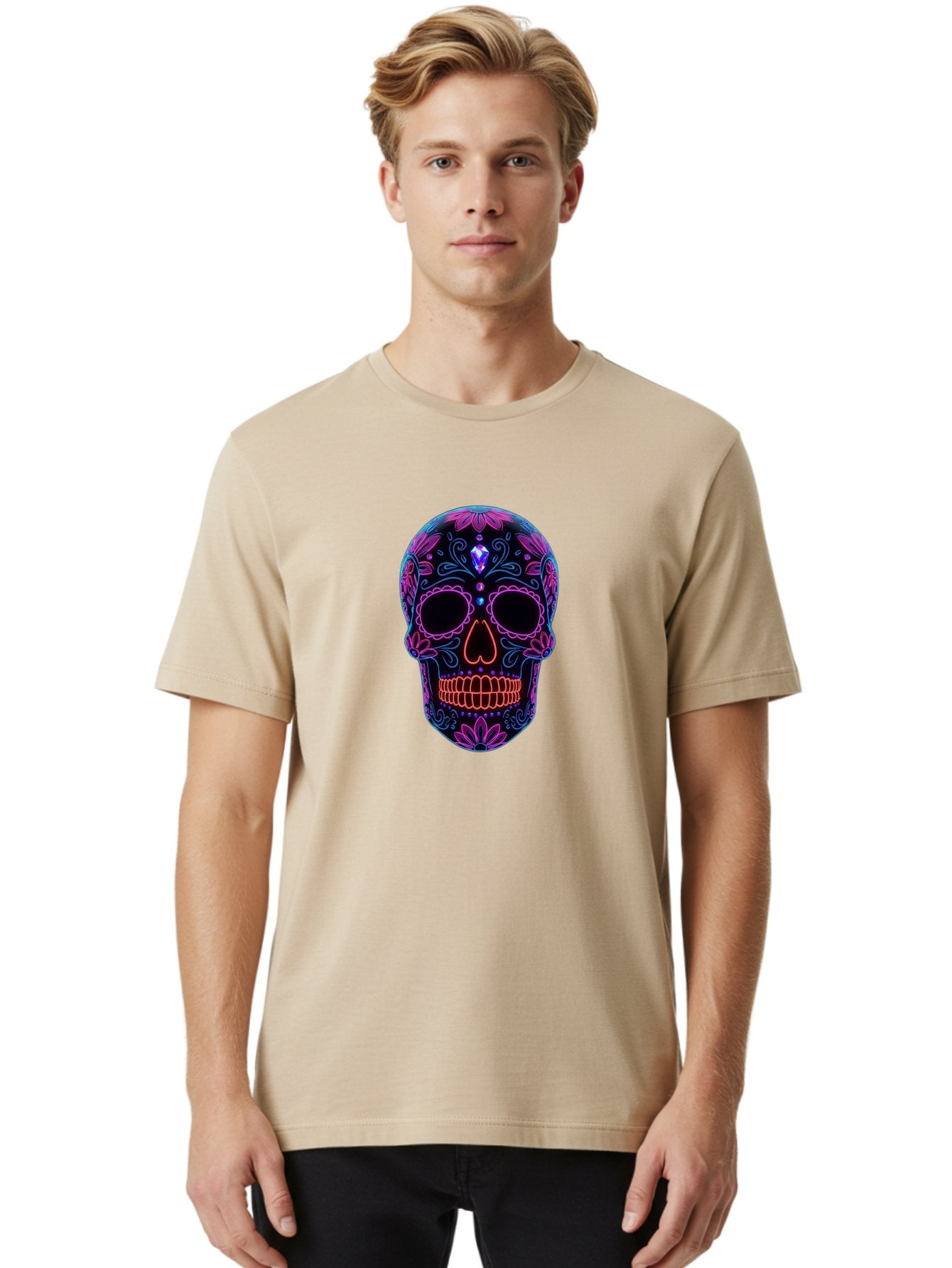 Sugar-Skull-16 Men'S Graphic Tee, 100% Cotton, Comfortable Casual Summer Wear, Machine Washable, Sugar Skull Design, Day Of The Dead, Neon Lights, Floral Patterns, Vibrant Colors, Mexican Culture, Gothic Style, Gemstone Decoration, Bad765 29