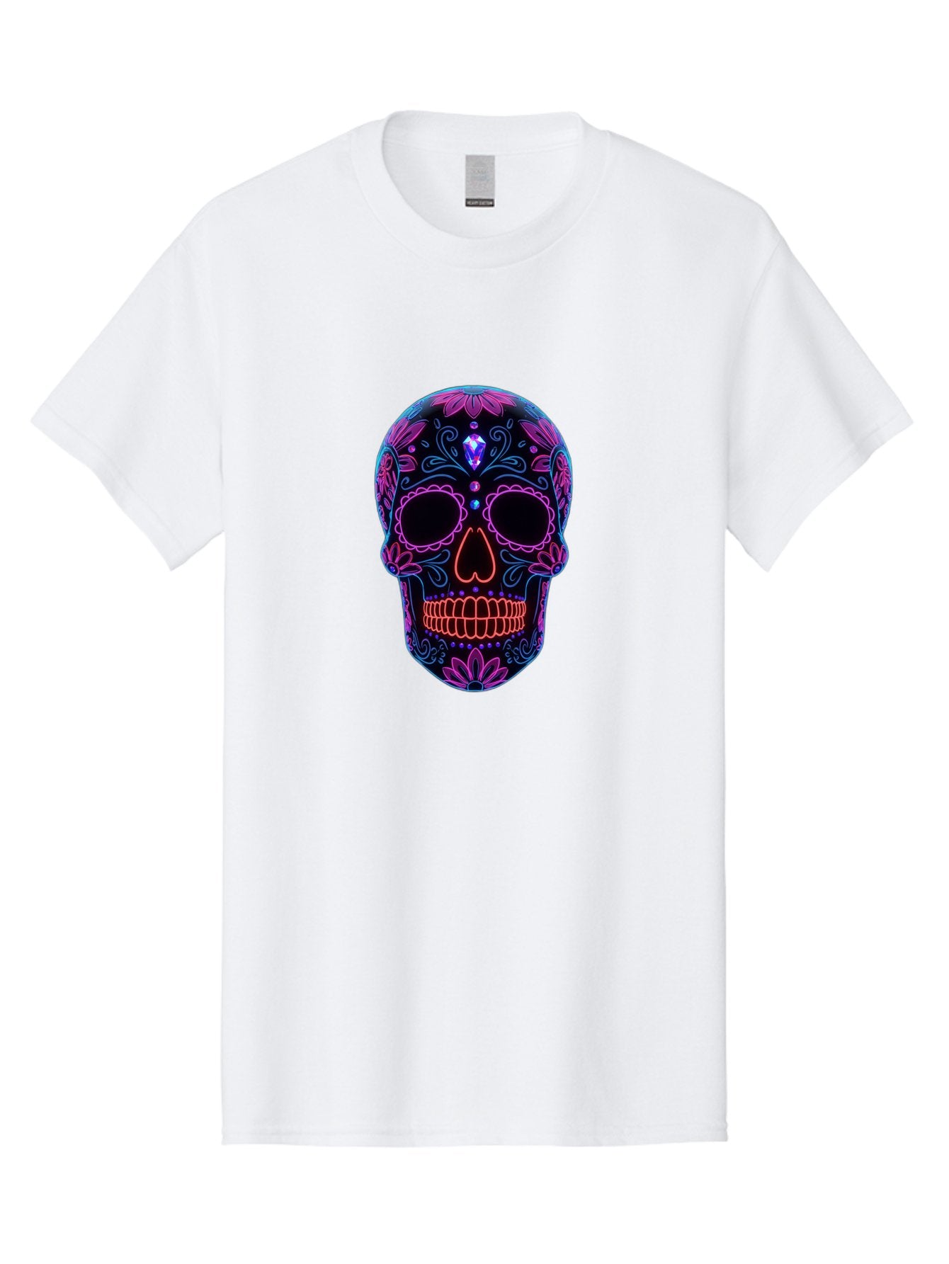 Sugar-Skull-16 Men'S Graphic Tee, 100% Cotton, Comfortable Casual Summer Wear, Machine Washable, Sugar Skull Design, Day Of The Dead, Neon Lights, Floral Patterns, Vibrant Colors, Mexican Culture, Gothic Style, Gemstone Decoration, Bad765 10