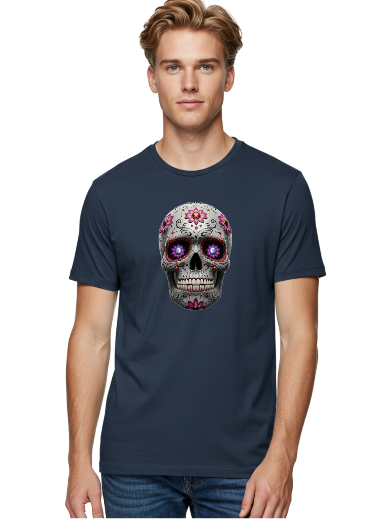 Sugar-Skull-17 Men'S Graphic Tee, 100% Cotton, Comfortable Casual Summer Wear, Machine Washable, Sugar Skull, Day Of The Dead, Skull Art, Floral Designs, Vibrant Colors, Intricate Patterns, Gothic Style, Mystical Symbols, Jewelry Designs, Bad766 20