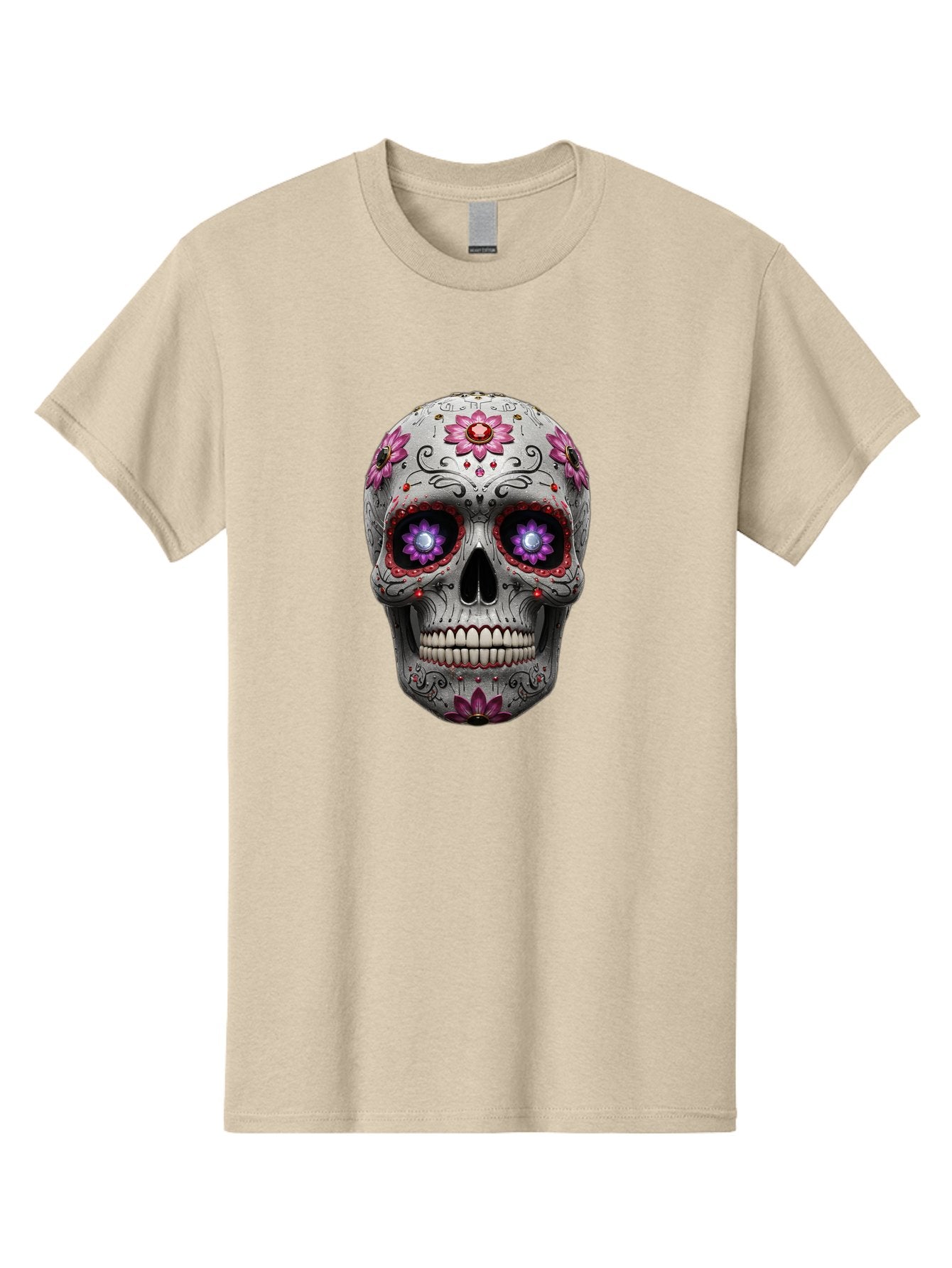 Sugar-Skull-17 Men'S Graphic Tee, 100% Cotton, Comfortable Casual Summer Wear, Machine Washable, Sugar Skull, Day Of The Dead, Skull Art, Floral Designs, Vibrant Colors, Intricate Patterns, Gothic Style, Mystical Symbols, Jewelry Designs, Bad766 8