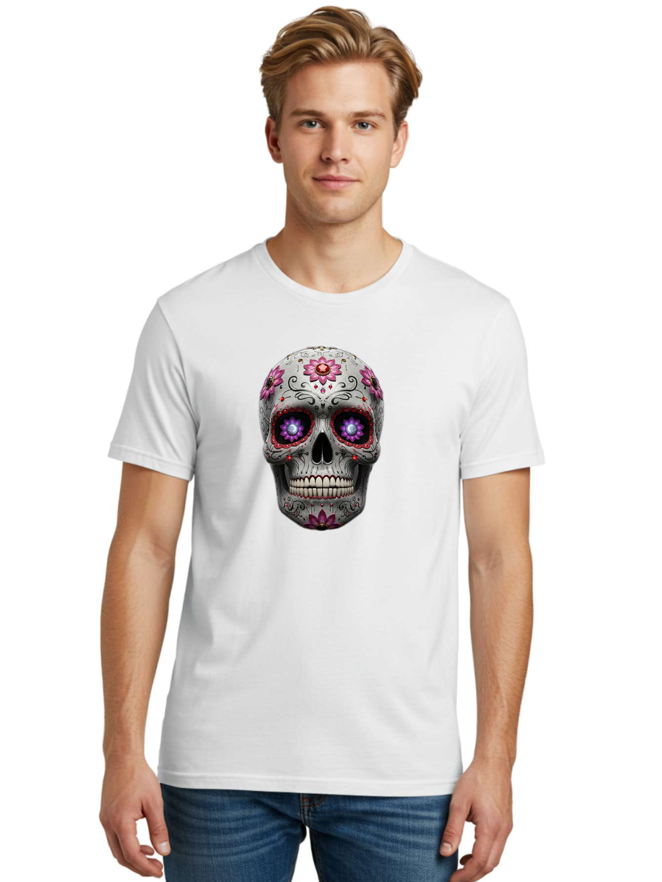Sugar-Skull-17 Men'S Graphic Tee, 100% Cotton, Comfortable Casual Summer Wear, Machine Washable, Sugar Skull, Day Of The Dead, Skull Art, Floral Designs, Vibrant Colors, Intricate Patterns, Gothic Style, Mystical Symbols, Jewelry Designs, Bad766 30