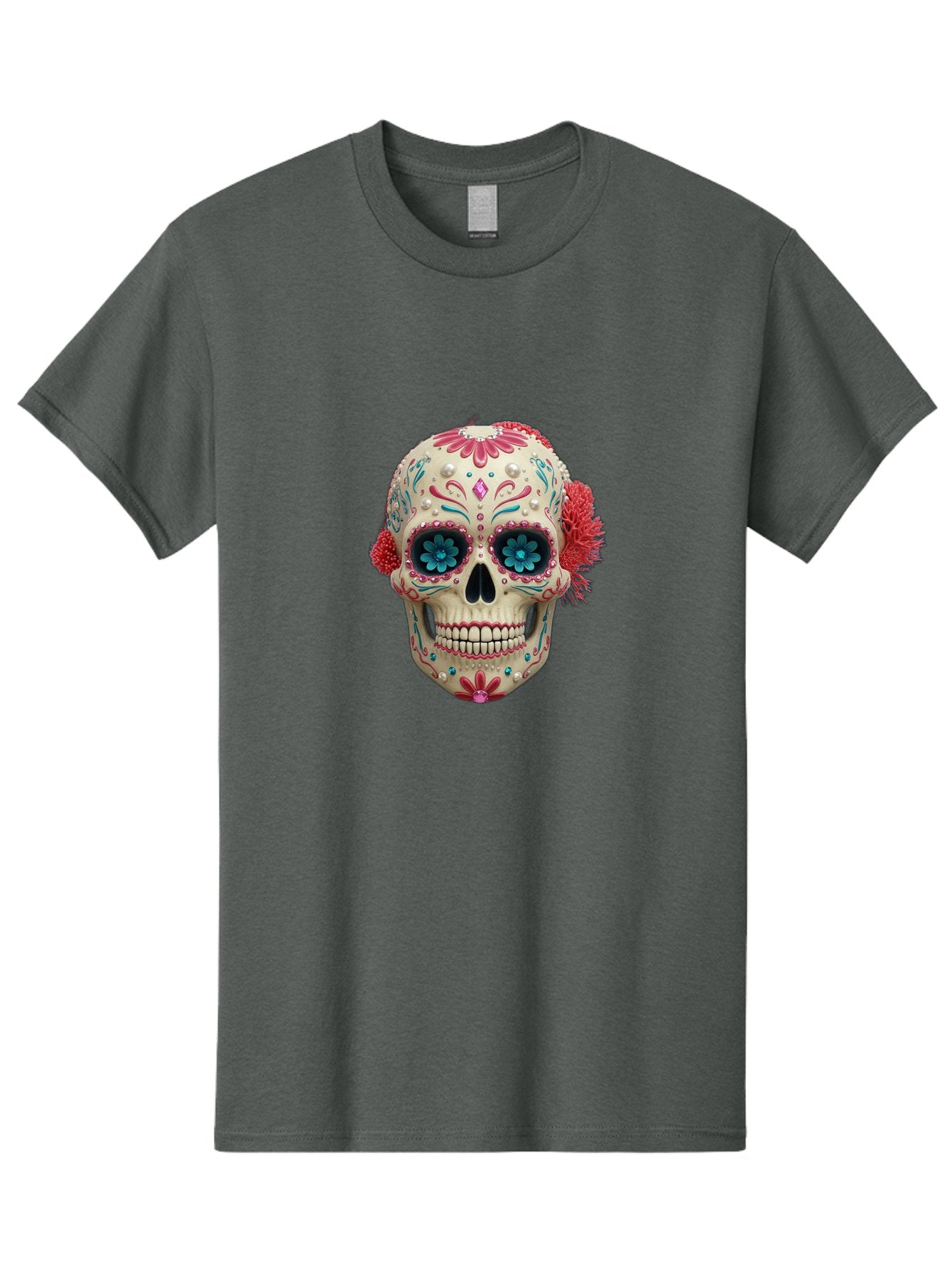 Sugar-Skull-18 Men'S Graphic Tee, 100% Cotton, Comfortable Casual Summer Wear, Machine Washable, Sugar Skull, Dia De Los Muertos, Vibrant Flowers, Colorful Decorations, Festive Atmosphere, Mexican Culture, Ornate Design, Floral Patterns, Bad767 5