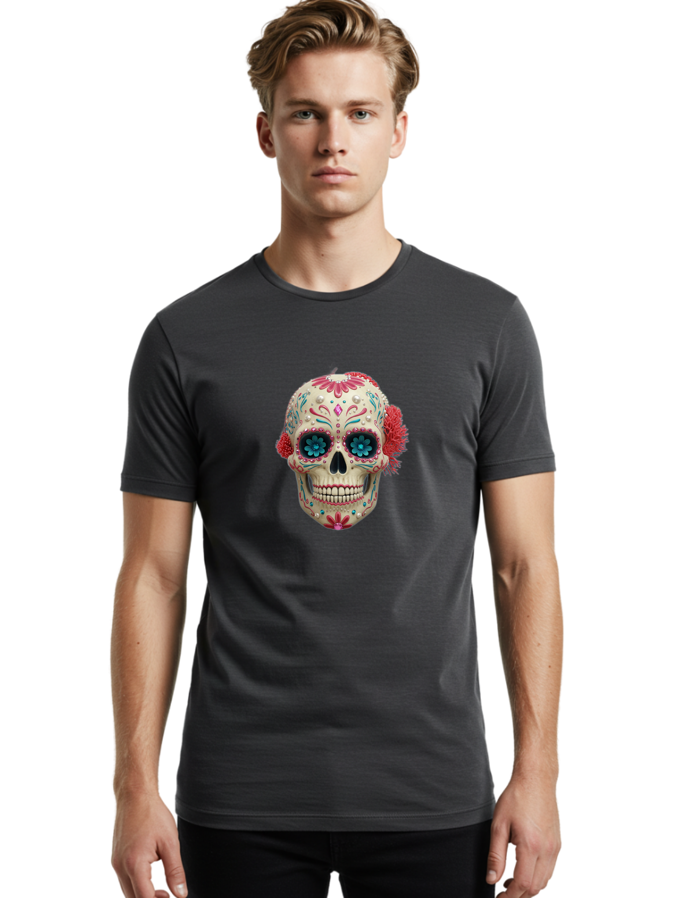 Sugar-Skull-18 Men'S Graphic Tee, 100% Cotton, Comfortable Casual Summer Wear, Machine Washable, Sugar Skull, Dia De Los Muertos, Vibrant Flowers, Colorful Decorations, Festive Atmosphere, Mexican Culture, Ornate Design, Floral Patterns, Bad767 22