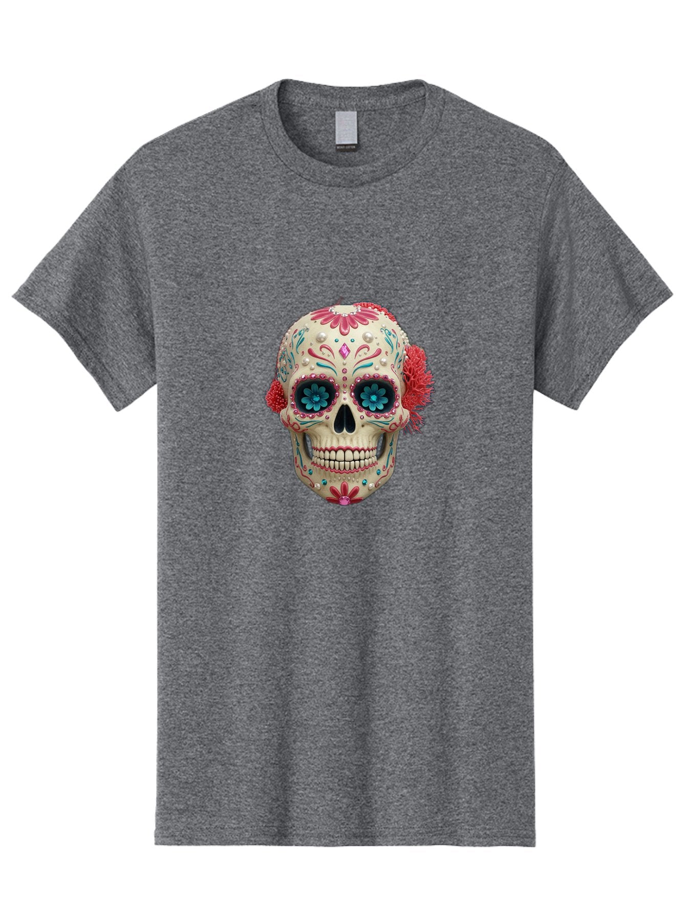 Sugar-Skull-18 Men'S Graphic Tee, 100% Cotton, Comfortable Casual Summer Wear, Machine Washable, Sugar Skull, Dia De Los Muertos, Vibrant Flowers, Colorful Decorations, Festive Atmosphere, Mexican Culture, Ornate Design, Floral Patterns, Bad767 9