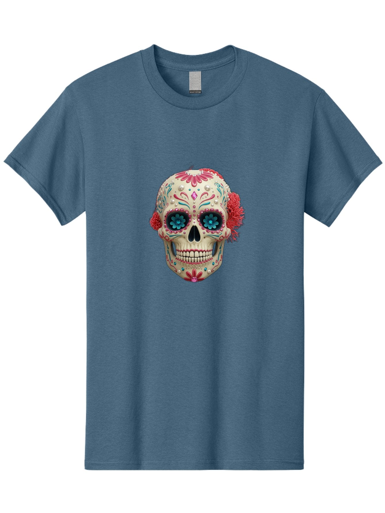 Sugar-Skull-18 Men'S Graphic Tee, 100% Cotton, Comfortable Casual Summer Wear, Machine Washable, Sugar Skull, Dia De Los Muertos, Vibrant Flowers, Colorful Decorations, Festive Atmosphere, Mexican Culture, Ornate Design, Floral Patterns, Bad767 15