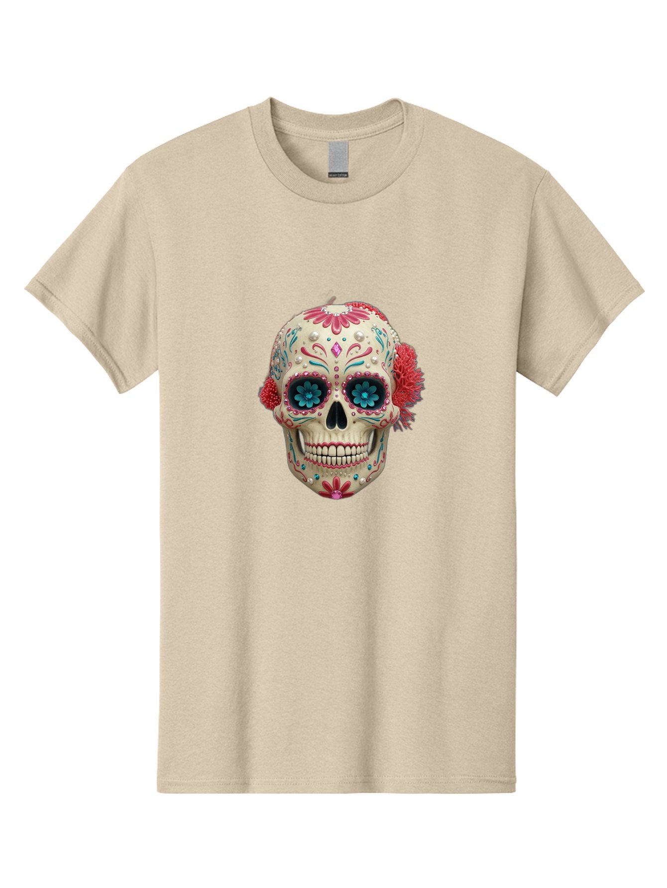 Sugar-Skull-18 Men'S Graphic Tee, 100% Cotton, Comfortable Casual Summer Wear, Machine Washable, Sugar Skull, Dia De Los Muertos, Vibrant Flowers, Colorful Decorations, Festive Atmosphere, Mexican Culture, Ornate Design, Floral Patterns, Bad767 4