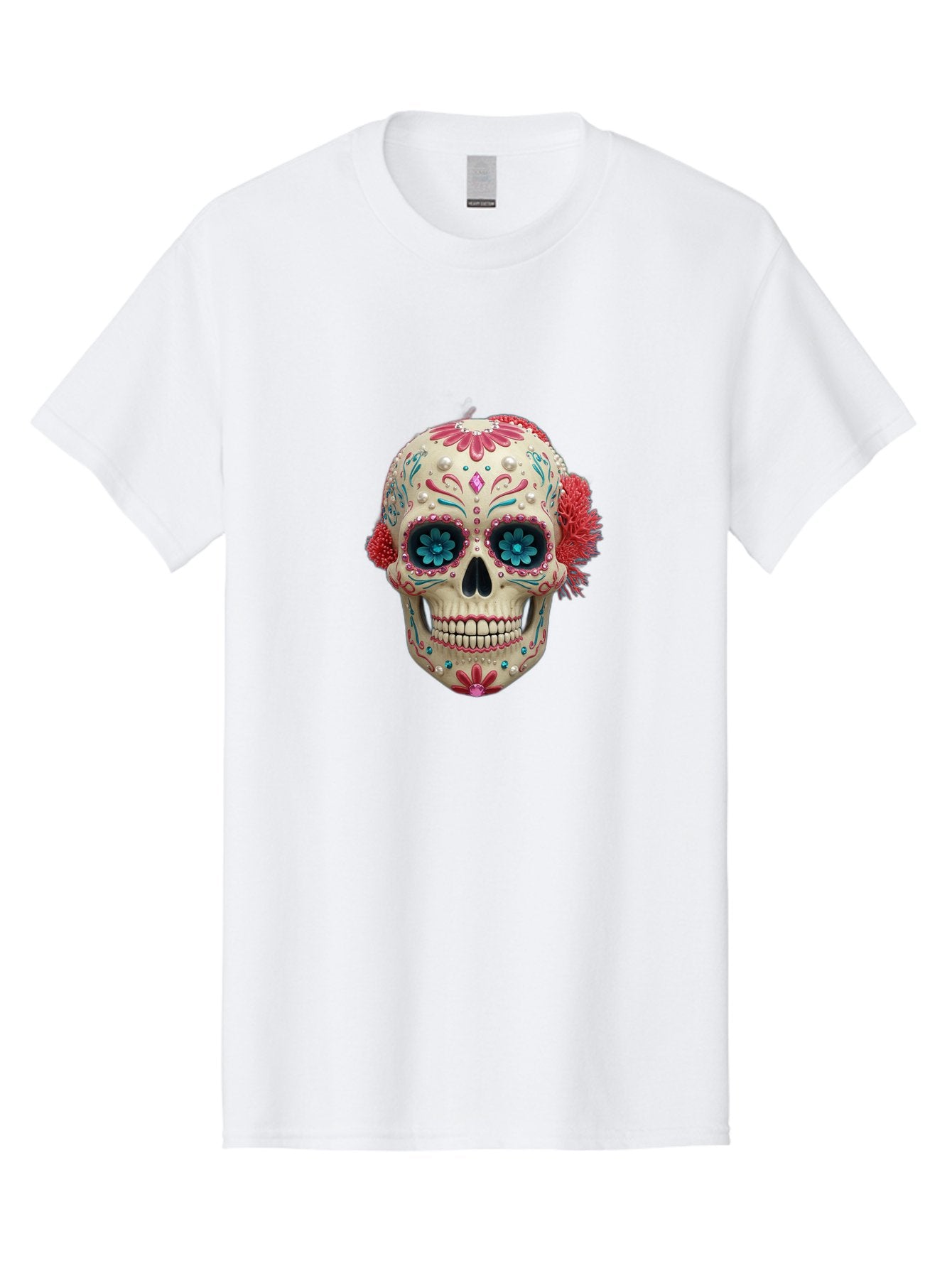 Sugar-Skull-18 Men'S Graphic Tee, 100% Cotton, Comfortable Casual Summer Wear, Machine Washable, Sugar Skull, Dia De Los Muertos, Vibrant Flowers, Colorful Decorations, Festive Atmosphere, Mexican Culture, Ornate Design, Floral Patterns, Bad767 8