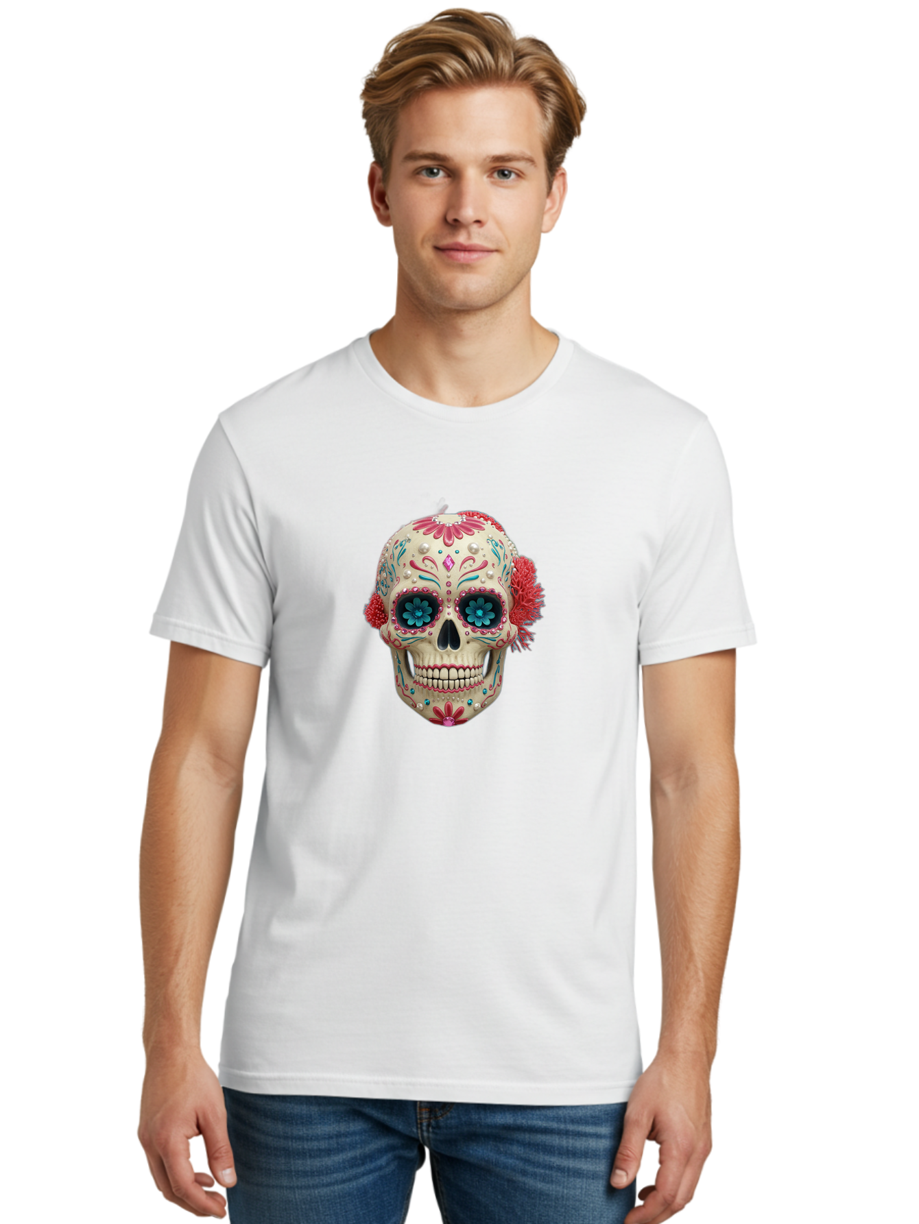 Sugar-Skull-18 Men'S Graphic Tee, 100% Cotton, Comfortable Casual Summer Wear, Machine Washable, Sugar Skull, Dia De Los Muertos, Vibrant Flowers, Colorful Decorations, Festive Atmosphere, Mexican Culture, Ornate Design, Floral Patterns, Bad767 21