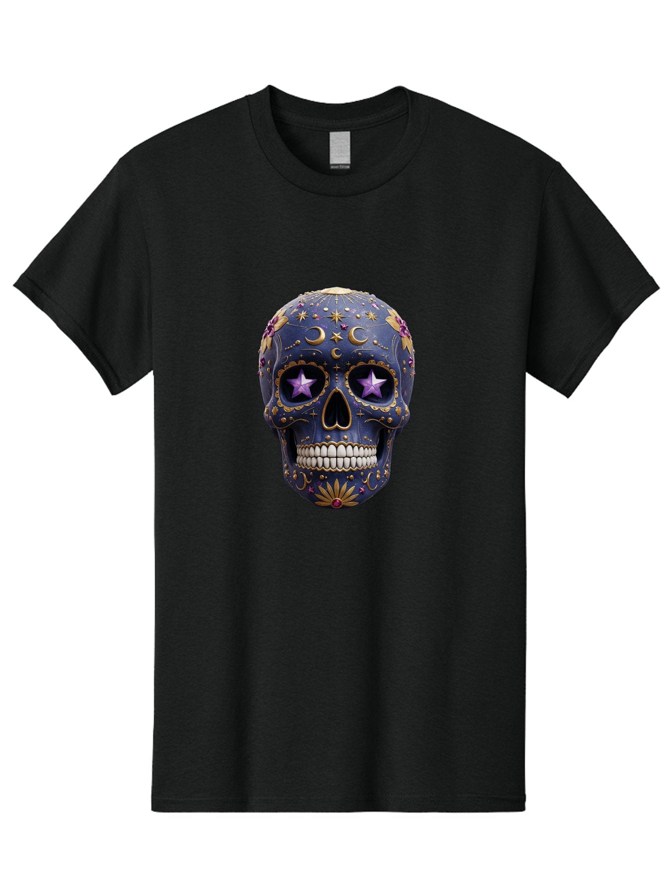 Sugar-Skull-19 Men'S Graphic Tee, 100% Cotton, Comfortable Casual Summer Wear, Machine Washable, Sugar Skull, Day Of The Dead, Decorative Skull, Mystical Symbols, Stars, Moon, Celestial Design, Vibrant Colors, Gold Accents, Purple Stars, Bad768 9