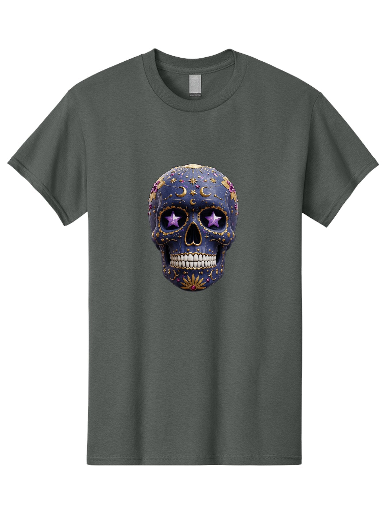 Sugar-Skull-19 Men'S Graphic Tee, 100% Cotton, Comfortable Casual Summer Wear, Machine Washable, Sugar Skull, Day Of The Dead, Decorative Skull, Mystical Symbols, Stars, Moon, Celestial Design, Vibrant Colors, Gold Accents, Purple Stars, Bad768 8