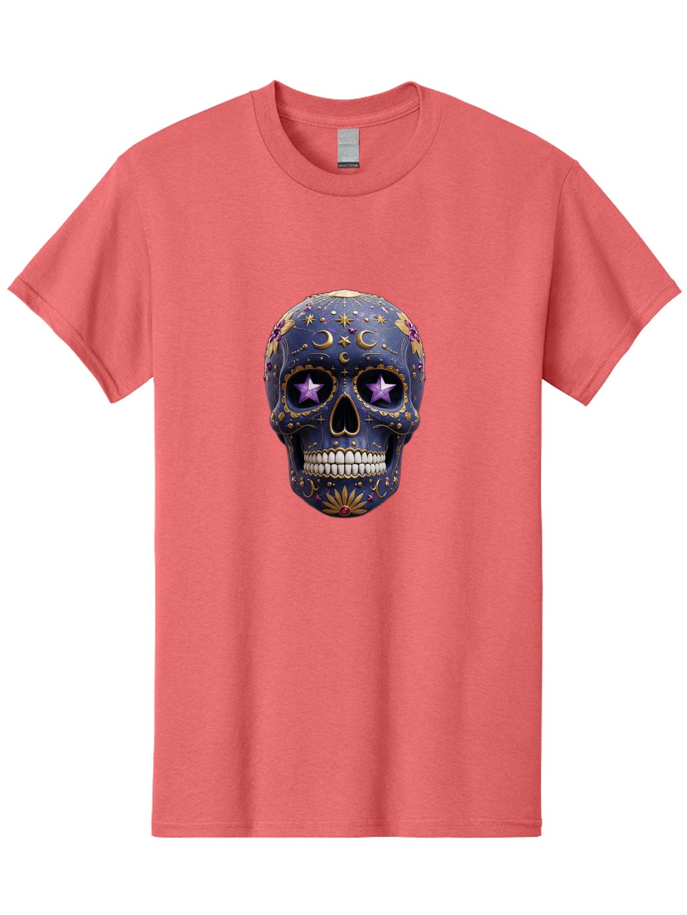 Sugar-Skull-19 Men'S Graphic Tee, 100% Cotton, Comfortable Casual Summer Wear, Machine Washable, Sugar Skull, Day Of The Dead, Decorative Skull, Mystical Symbols, Stars, Moon, Celestial Design, Vibrant Colors, Gold Accents, Purple Stars, Bad768 4