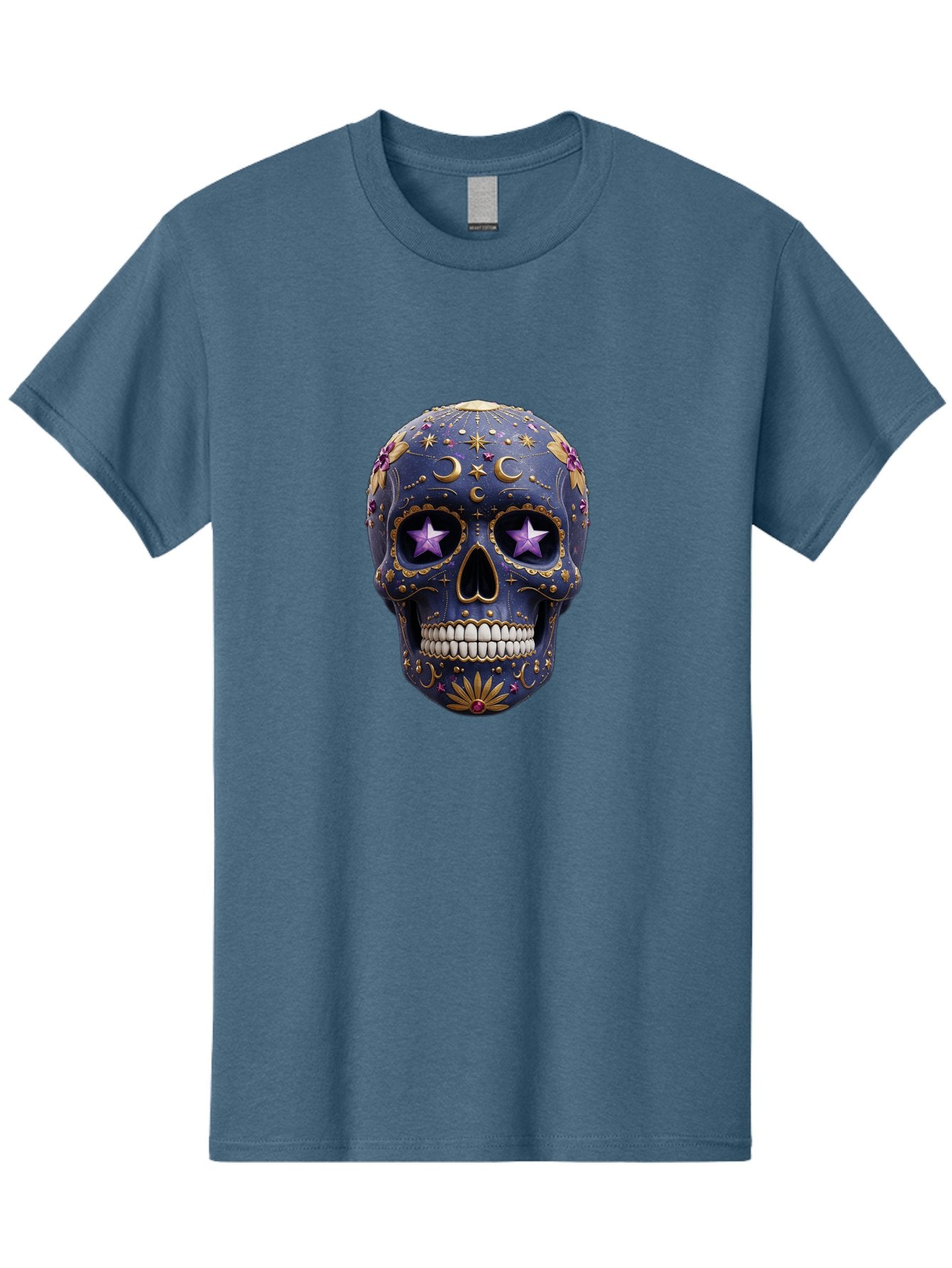 Sugar-Skull-19 Men'S Graphic Tee, 100% Cotton, Comfortable Casual Summer Wear, Machine Washable, Sugar Skull, Day Of The Dead, Decorative Skull, Mystical Symbols, Stars, Moon, Celestial Design, Vibrant Colors, Gold Accents, Purple Stars, Bad768