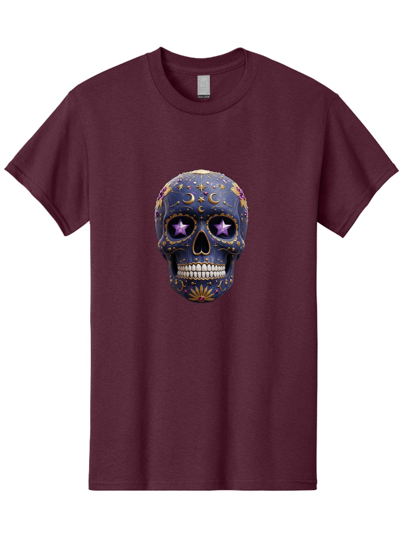 Sugar-Skull-19 Men'S Graphic Tee, 100% Cotton, Comfortable Casual Summer Wear, Machine Washable, Sugar Skull, Day Of The Dead, Decorative Skull, Mystical Symbols, Stars, Moon, Celestial Design, Vibrant Colors, Gold Accents, Purple Stars, Bad768 15