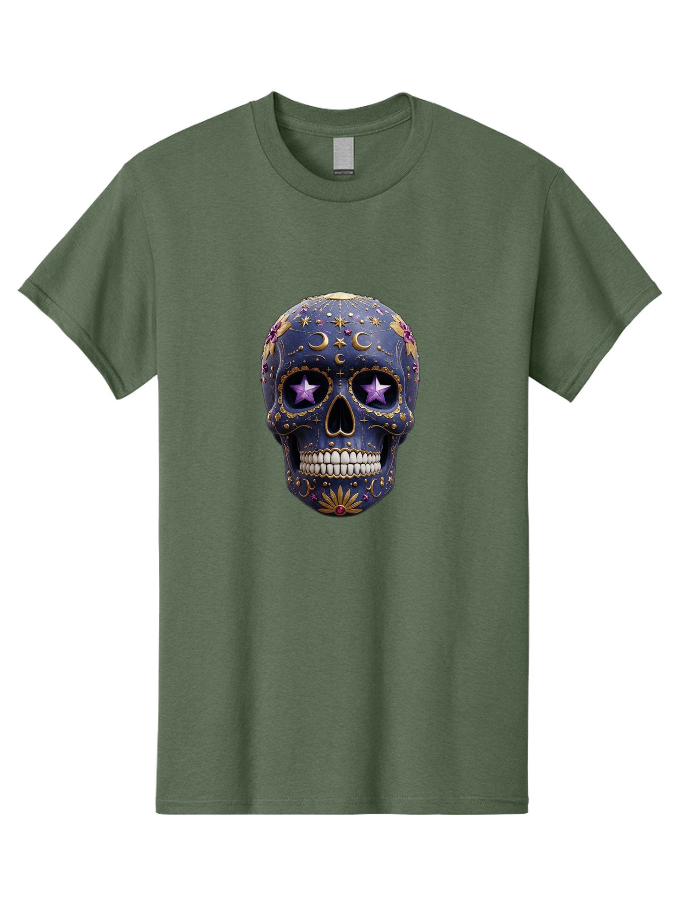 Sugar-Skull-19 Men'S Graphic Tee, 100% Cotton, Comfortable Casual Summer Wear, Machine Washable, Sugar Skull, Day Of The Dead, Decorative Skull, Mystical Symbols, Stars, Moon, Celestial Design, Vibrant Colors, Gold Accents, Purple Stars, Bad768 12