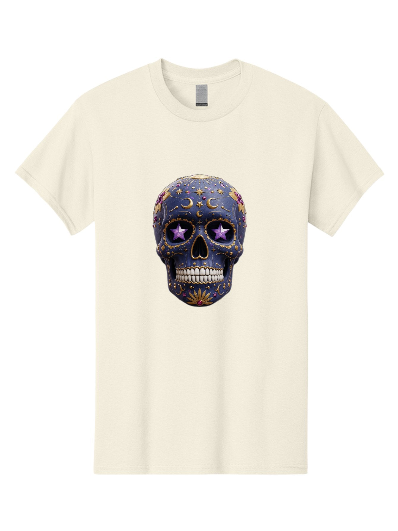 Sugar-Skull-19 Men'S Graphic Tee, 100% Cotton, Comfortable Casual Summer Wear, Machine Washable, Sugar Skull, Day Of The Dead, Decorative Skull, Mystical Symbols, Stars, Moon, Celestial Design, Vibrant Colors, Gold Accents, Purple Stars, Bad768 6