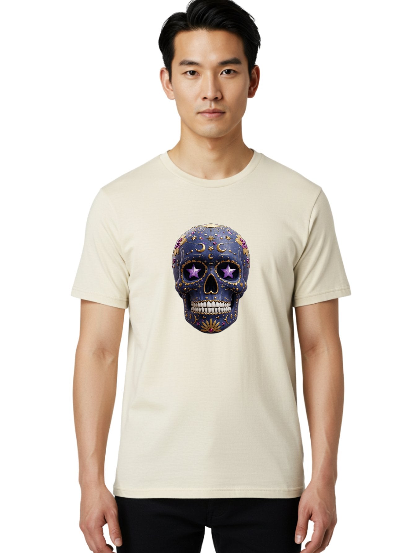 Sugar-Skull-19 Men'S Graphic Tee, 100% Cotton, Comfortable Casual Summer Wear, Machine Washable, Sugar Skull, Day Of The Dead, Decorative Skull, Mystical Symbols, Stars, Moon, Celestial Design, Vibrant Colors, Gold Accents, Purple Stars, Bad768 24