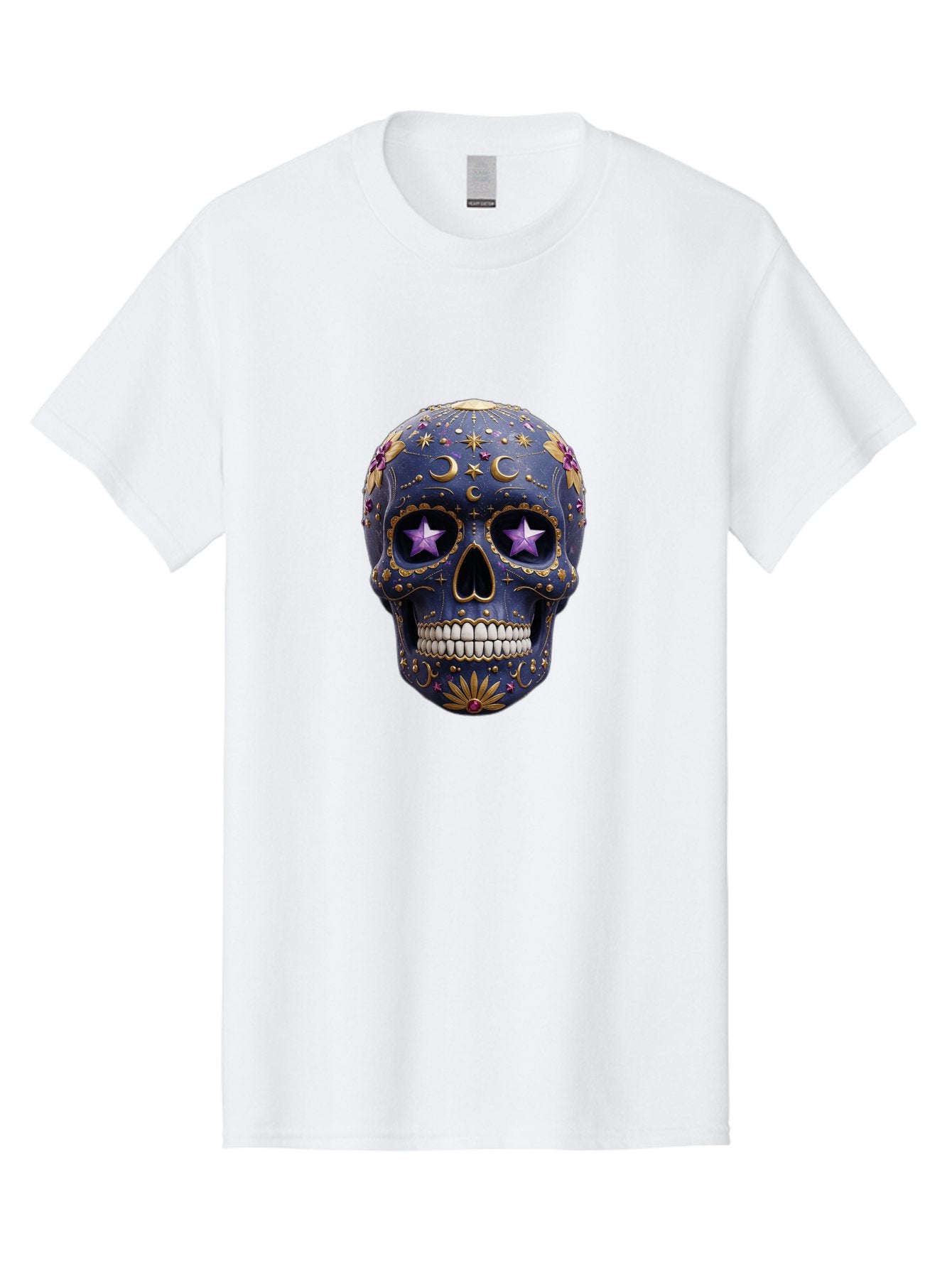 Sugar-Skull-19 Men'S Graphic Tee, 100% Cotton, Comfortable Casual Summer Wear, Machine Washable, Sugar Skull, Day Of The Dead, Decorative Skull, Mystical Symbols, Stars, Moon, Celestial Design, Vibrant Colors, Gold Accents, Purple Stars, Bad768 10