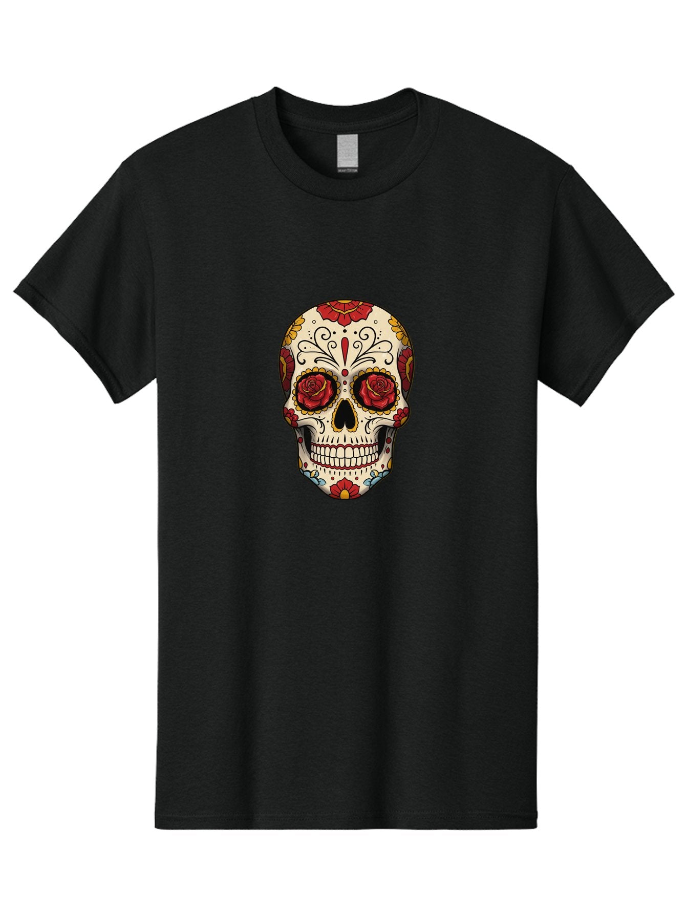 Sugar-Skull-2 Men'S Graphic Tee, 100% Cotton, Comfortable Casual Summer Wear, Machine Washable, Sugar Skull, Day Of The Dead, Floral Design, Red Roses, Skull Art, Vibrant Colors, Mexican Culture, Decorative Skull, Intricate Patterns, Bad769