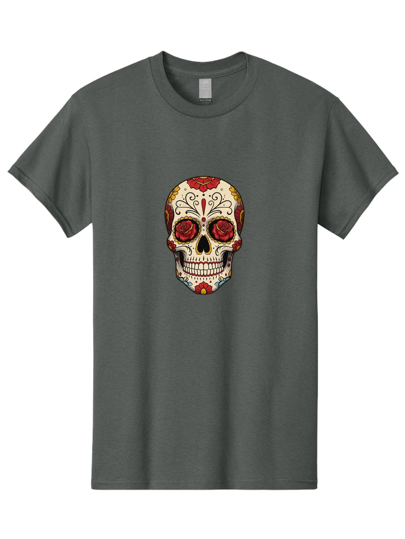 Sugar-Skull-2 Men'S Graphic Tee, 100% Cotton, Comfortable Casual Summer Wear, Machine Washable, Sugar Skull, Day Of The Dead, Floral Design, Red Roses, Skull Art, Vibrant Colors, Mexican Culture, Decorative Skull, Intricate Patterns, Bad769 8