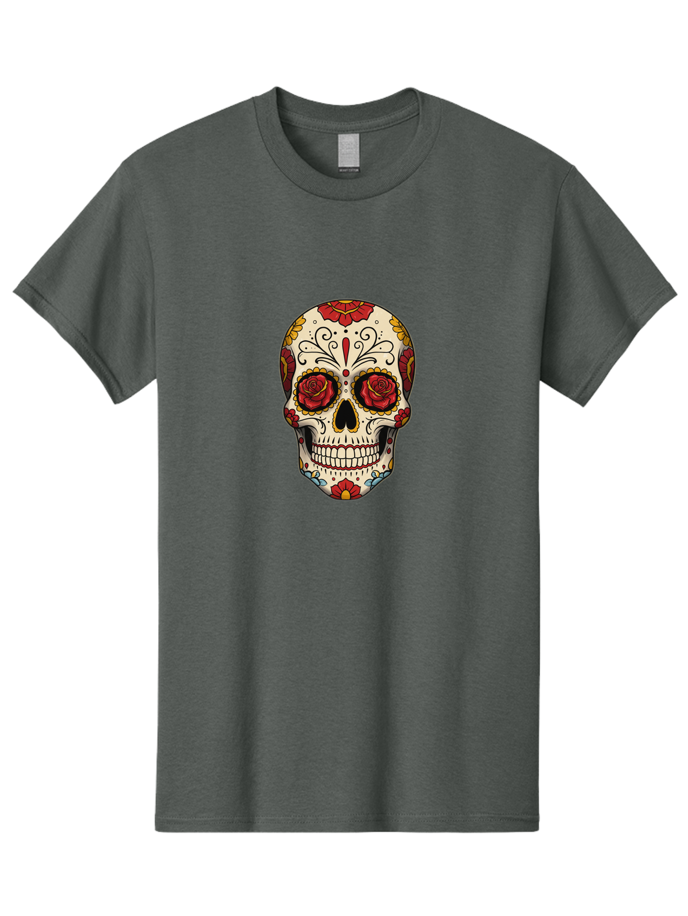 Sugar-Skull-2 Men'S Graphic Tee, 100% Cotton, Comfortable Casual Summer Wear, Machine Washable, Sugar Skull, Day Of The Dead, Floral Design, Red Roses, Skull Art, Vibrant Colors, Mexican Culture, Decorative Skull, Intricate Patterns, Bad769 6