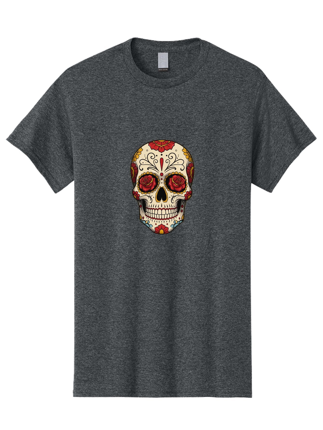 Sugar-Skull-2 Men'S Graphic Tee, 100% Cotton, Comfortable Casual Summer Wear, Machine Washable, Sugar Skull, Day Of The Dead, Floral Design, Red Roses, Skull Art, Vibrant Colors, Mexican Culture, Decorative Skull, Intricate Patterns, Bad769 11