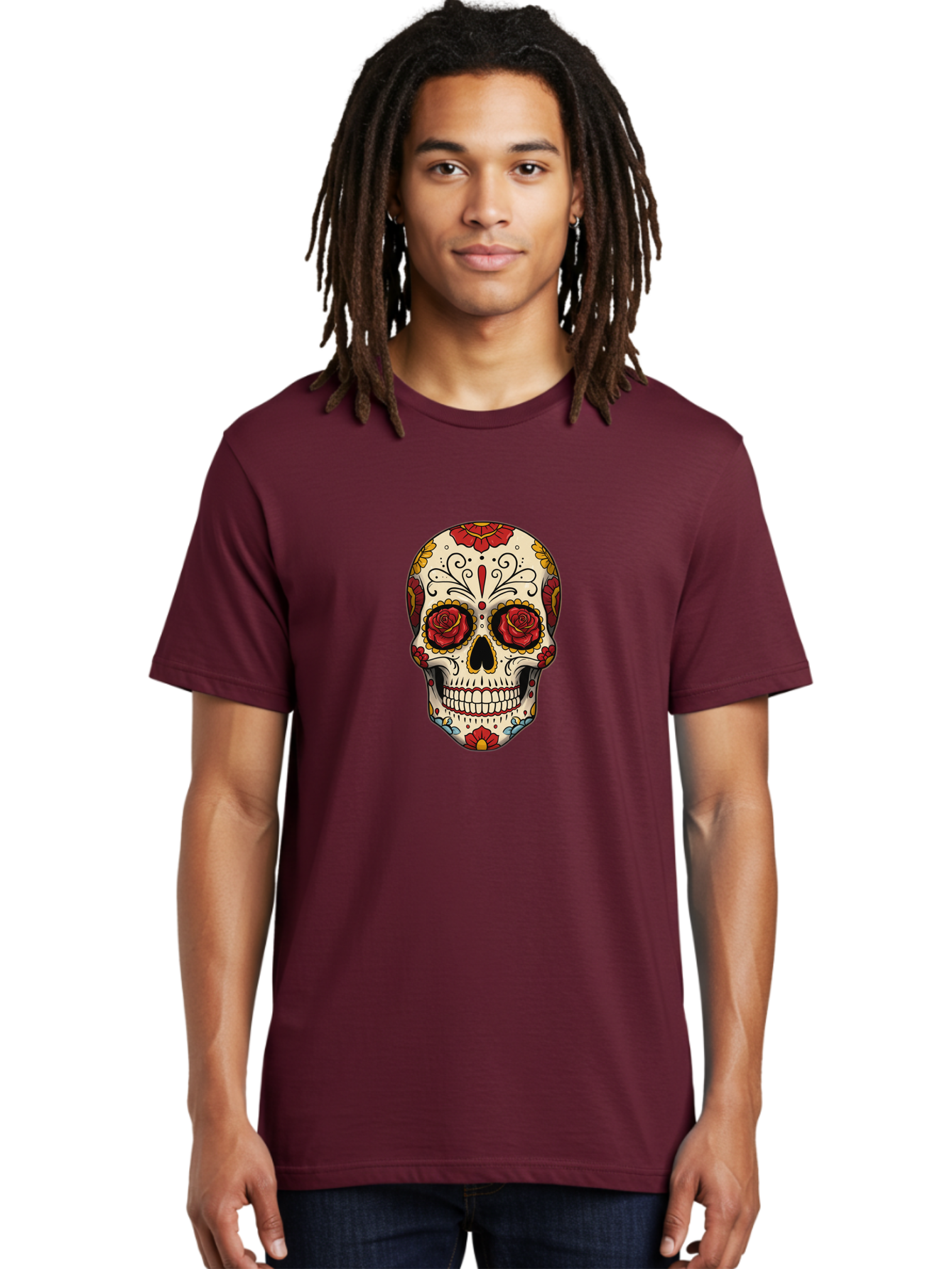 Sugar-Skull-2 Men'S Graphic Tee, 100% Cotton, Comfortable Casual Summer Wear, Machine Washable, Sugar Skull, Day Of The Dead, Floral Design, Red Roses, Skull Art, Vibrant Colors, Mexican Culture, Decorative Skull, Intricate Patterns, Bad769 23