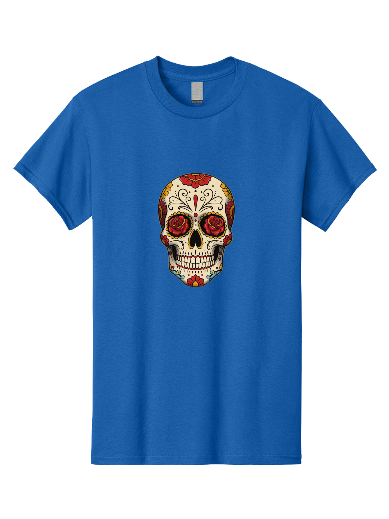 Sugar-Skull-2 Men'S Graphic Tee, 100% Cotton, Comfortable Casual Summer Wear, Machine Washable, Sugar Skull, Day Of The Dead, Floral Design, Red Roses, Skull Art, Vibrant Colors, Mexican Culture, Decorative Skull, Intricate Patterns, Bad769 13