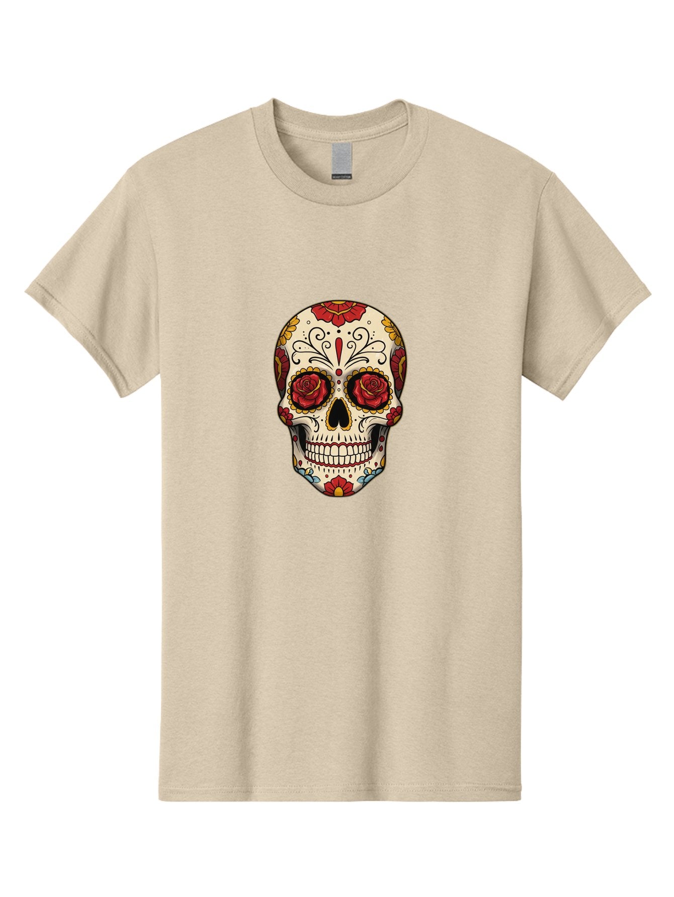 Sugar-Skull-2 Men'S Graphic Tee, 100% Cotton, Comfortable Casual Summer Wear, Machine Washable, Sugar Skull, Day Of The Dead, Floral Design, Red Roses, Skull Art, Vibrant Colors, Mexican Culture, Decorative Skull, Intricate Patterns, Bad769 13