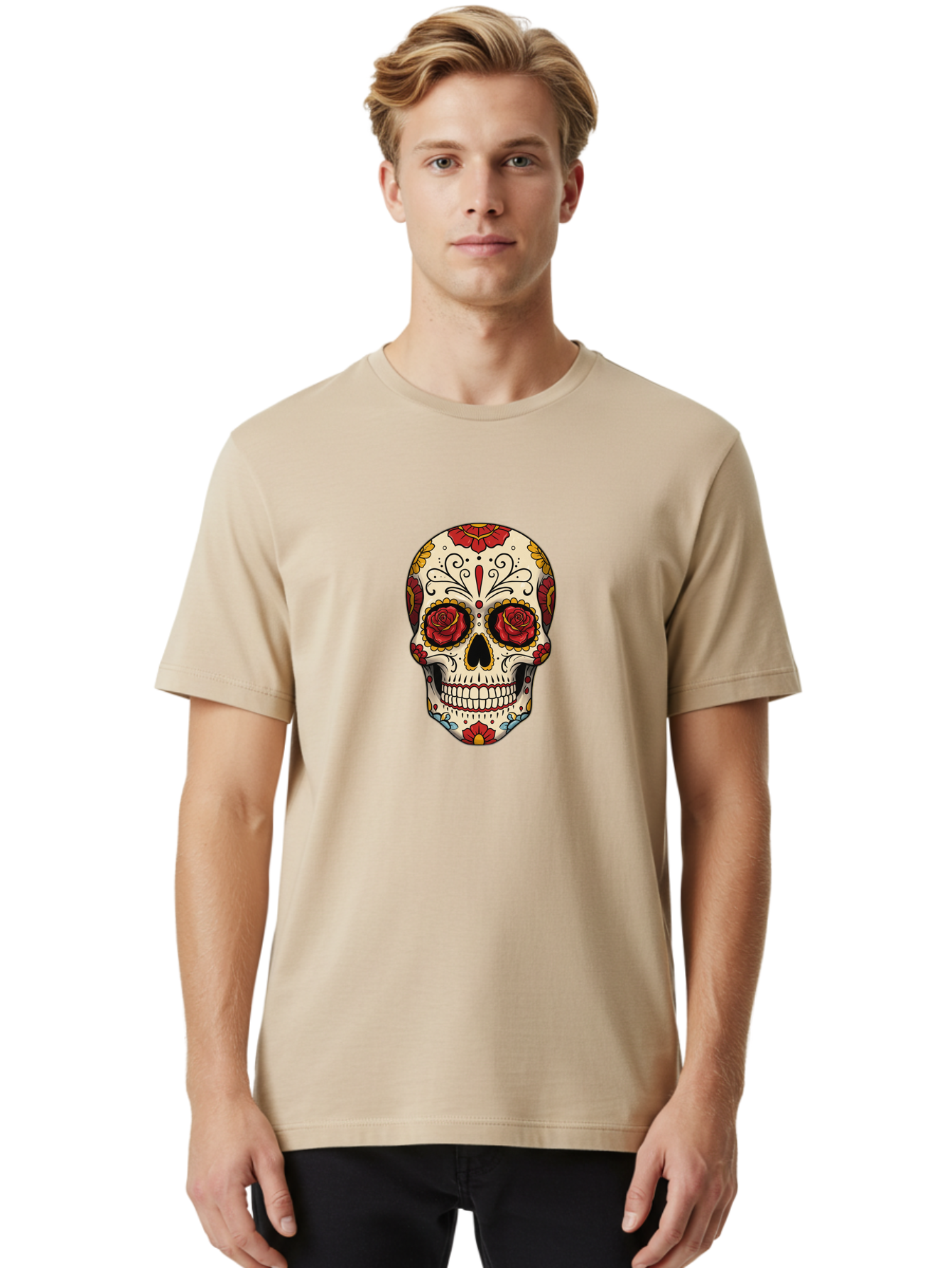 Sugar-Skull-2 Men'S Graphic Tee, 100% Cotton, Comfortable Casual Summer Wear, Machine Washable, Sugar Skull, Day Of The Dead, Floral Design, Red Roses, Skull Art, Vibrant Colors, Mexican Culture, Decorative Skull, Intricate Patterns, Bad769 30