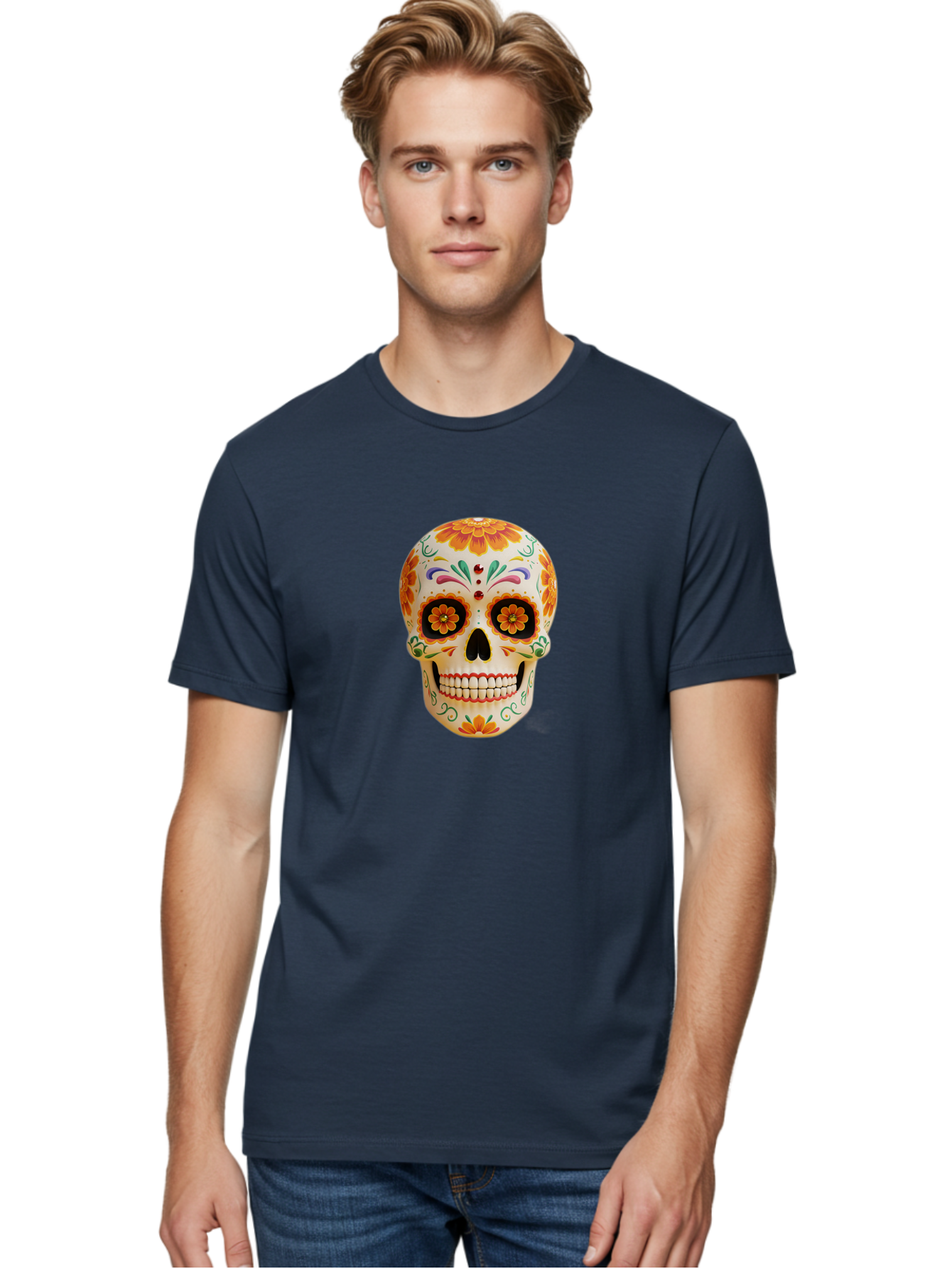Sugar-Skull-20 Men'S Graphic Tee, 100% Cotton, Comfortable Casual Summer Wear, Machine Washable, Sugar Skull, Day Of The Dead, Dia De Los Muertos, Colorful Skull, Floral Decorations, Vibrant Colors, Mexican Art, Festive, Celebratory, Bad770 28