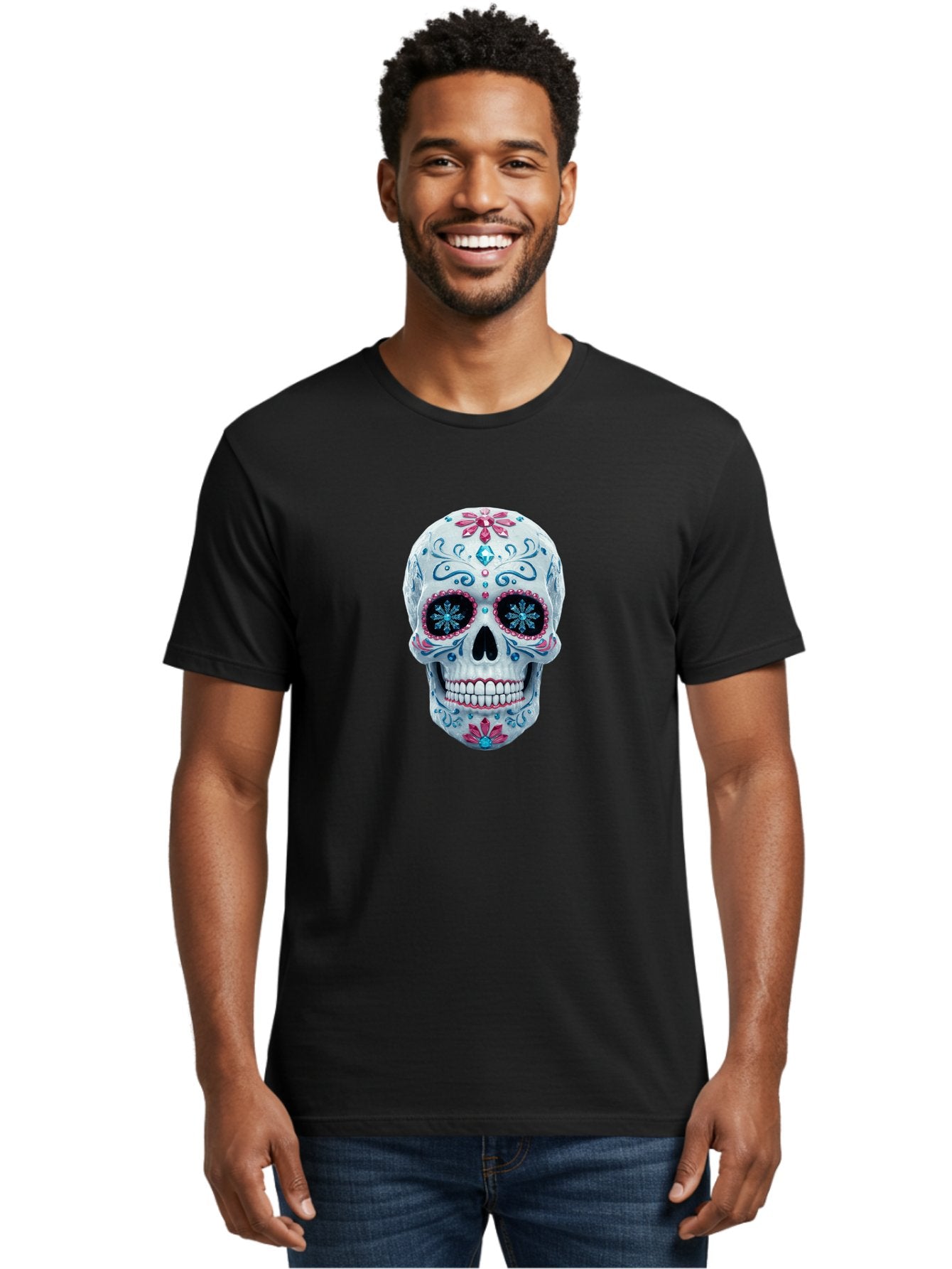 Sugar-Skull-21 Men'S Graphic Tee, 100% Cotton, Comfortable Casual Summer Wear, Machine Washable, Sugar Skull, Day Of The Dead, Decorative Skull, Floral Designs, Blue And Pink Patterns, Intricate Details, Festive Vibe, Cultural Heritage, Bad771 30