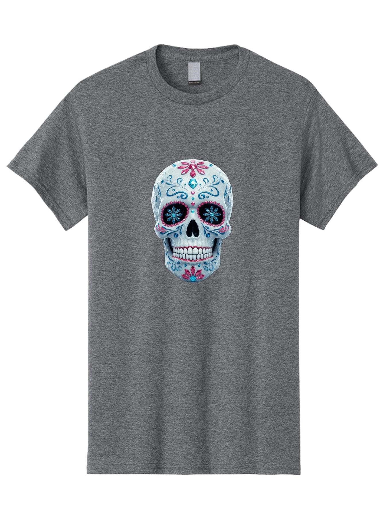 Sugar-Skull-21 Men'S Graphic Tee, 100% Cotton, Comfortable Casual Summer Wear, Machine Washable, Sugar Skull, Day Of The Dead, Decorative Skull, Floral Designs, Blue And Pink Patterns, Intricate Details, Festive Vibe, Cultural Heritage, Bad771 4