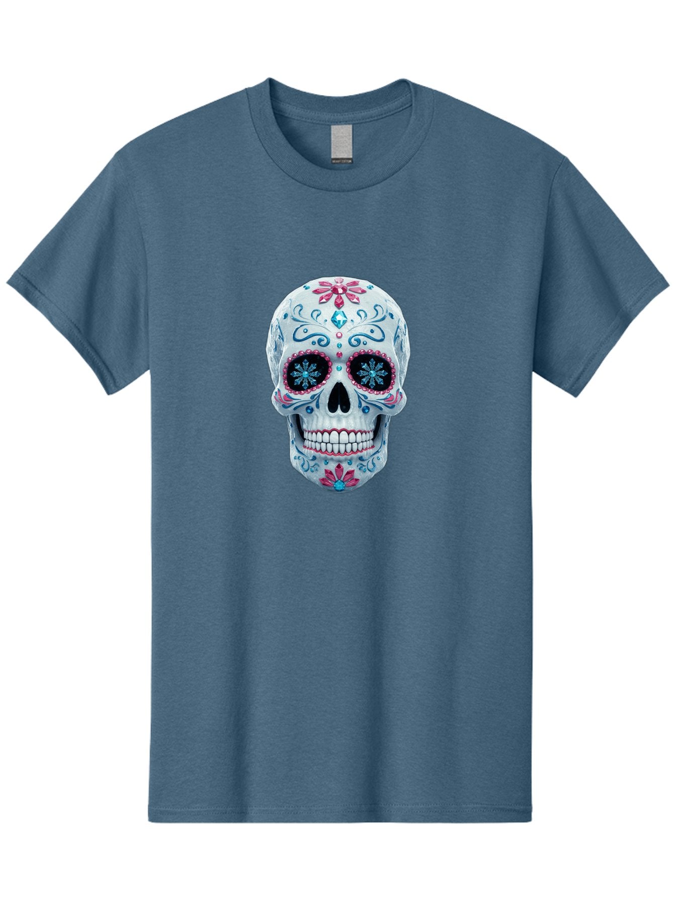 Sugar-Skull-21 Men'S Graphic Tee, 100% Cotton, Comfortable Casual Summer Wear, Machine Washable, Sugar Skull, Day Of The Dead, Decorative Skull, Floral Designs, Blue And Pink Patterns, Intricate Details, Festive Vibe, Cultural Heritage, Bad771 13