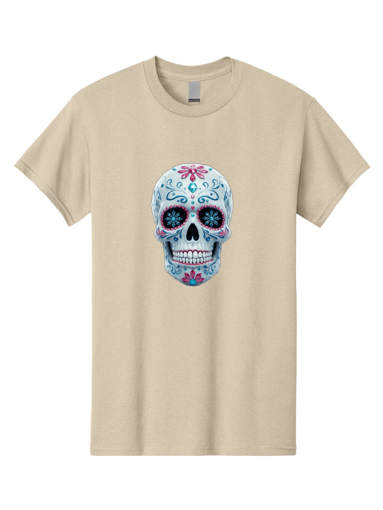 Sugar-Skull-21 Men'S Graphic Tee, 100% Cotton, Comfortable Casual Summer Wear, Machine Washable, Sugar Skull, Day Of The Dead, Decorative Skull, Floral Designs, Blue And Pink Patterns, Intricate Details, Festive Vibe, Cultural Heritage, Bad771 3