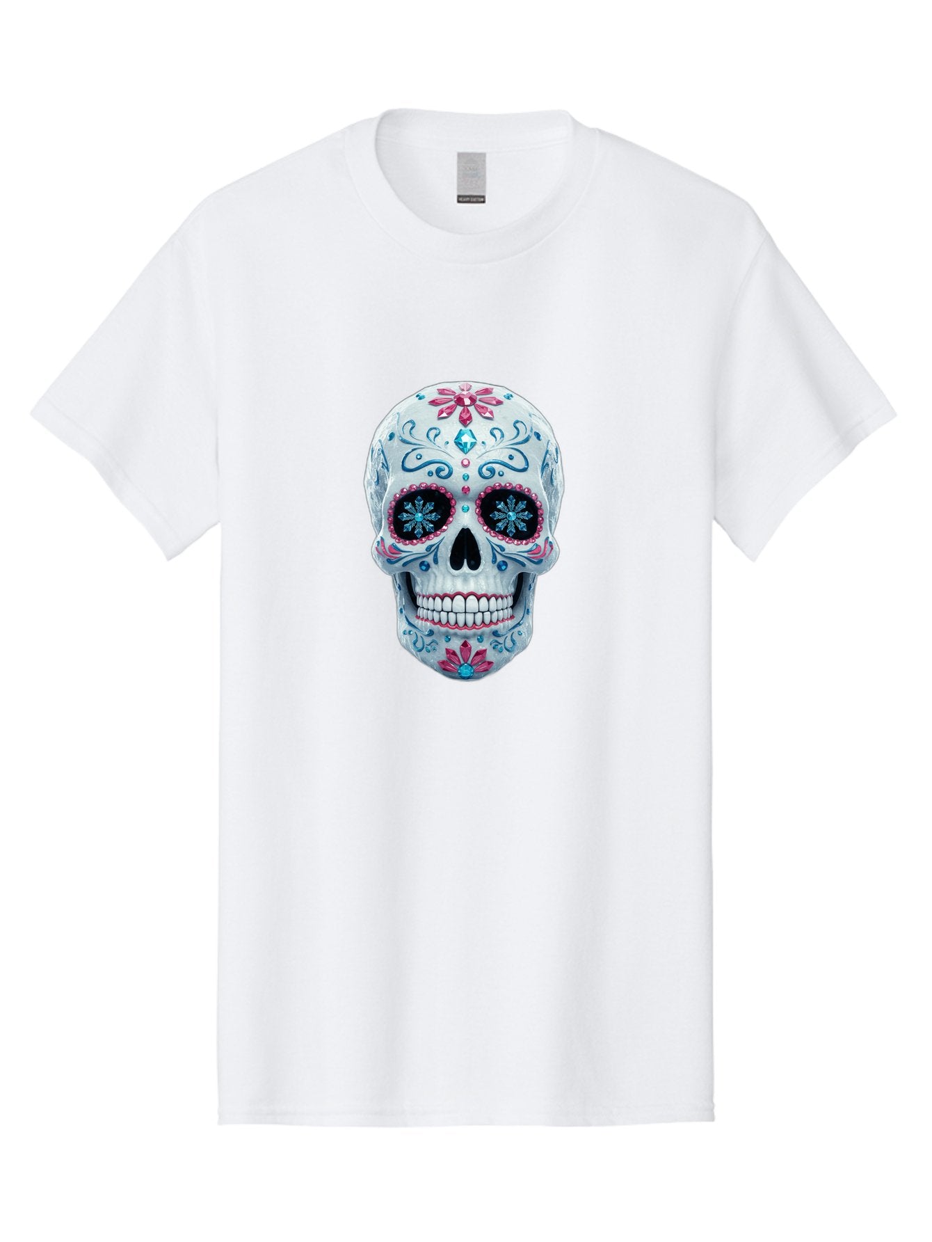 Sugar-Skull-21 Men'S Graphic Tee, 100% Cotton, Comfortable Casual Summer Wear, Machine Washable, Sugar Skull, Day Of The Dead, Decorative Skull, Floral Designs, Blue And Pink Patterns, Intricate Details, Festive Vibe, Cultural Heritage, Bad771 6
