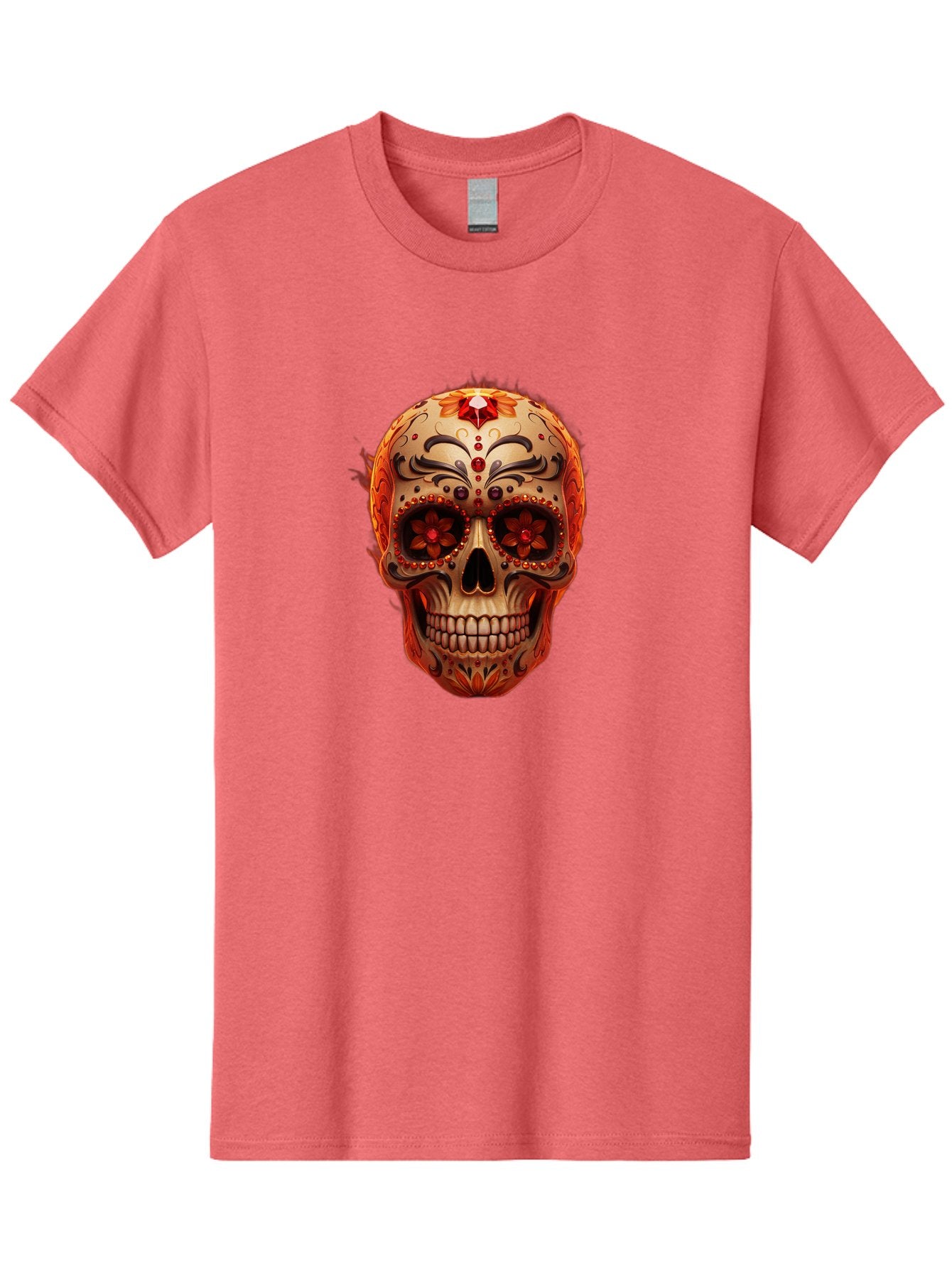 Sugar-Skull-22 Men'S Graphic Tee, 100% Cotton, Comfortable Casual Summer Wear, Machine Washable, Sugar Skull, Day Of The Dead, Mexican Culture, Decorated Skull, Floral Designs, Red Jewels, Festive, Traditional Art, Vibrant, Ornate Bad772 7