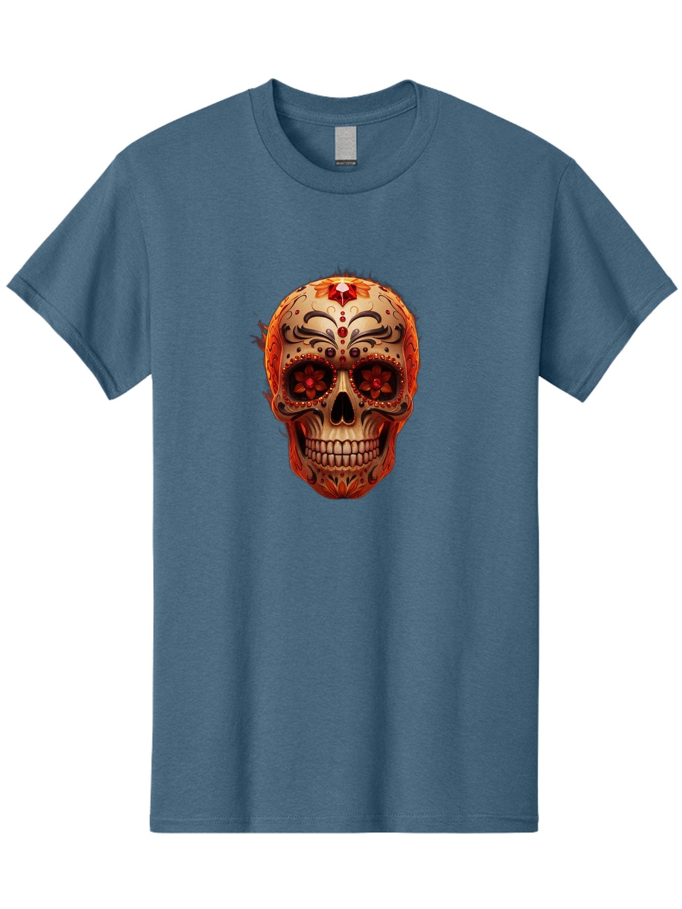 Sugar-Skull-22 Men'S Graphic Tee, 100% Cotton, Comfortable Casual Summer Wear, Machine Washable, Sugar Skull, Day Of The Dead, Mexican Culture, Decorated Skull, Floral Designs, Red Jewels, Festive, Traditional Art, Vibrant, Ornate Bad772 8