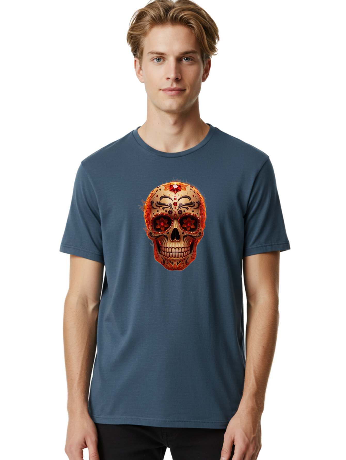 Sugar-Skull-22 Men'S Graphic Tee, 100% Cotton, Comfortable Casual Summer Wear, Machine Washable, Sugar Skull, Day Of The Dead, Mexican Culture, Decorated Skull, Floral Designs, Red Jewels, Festive, Traditional Art, Vibrant, Ornate Bad772 21