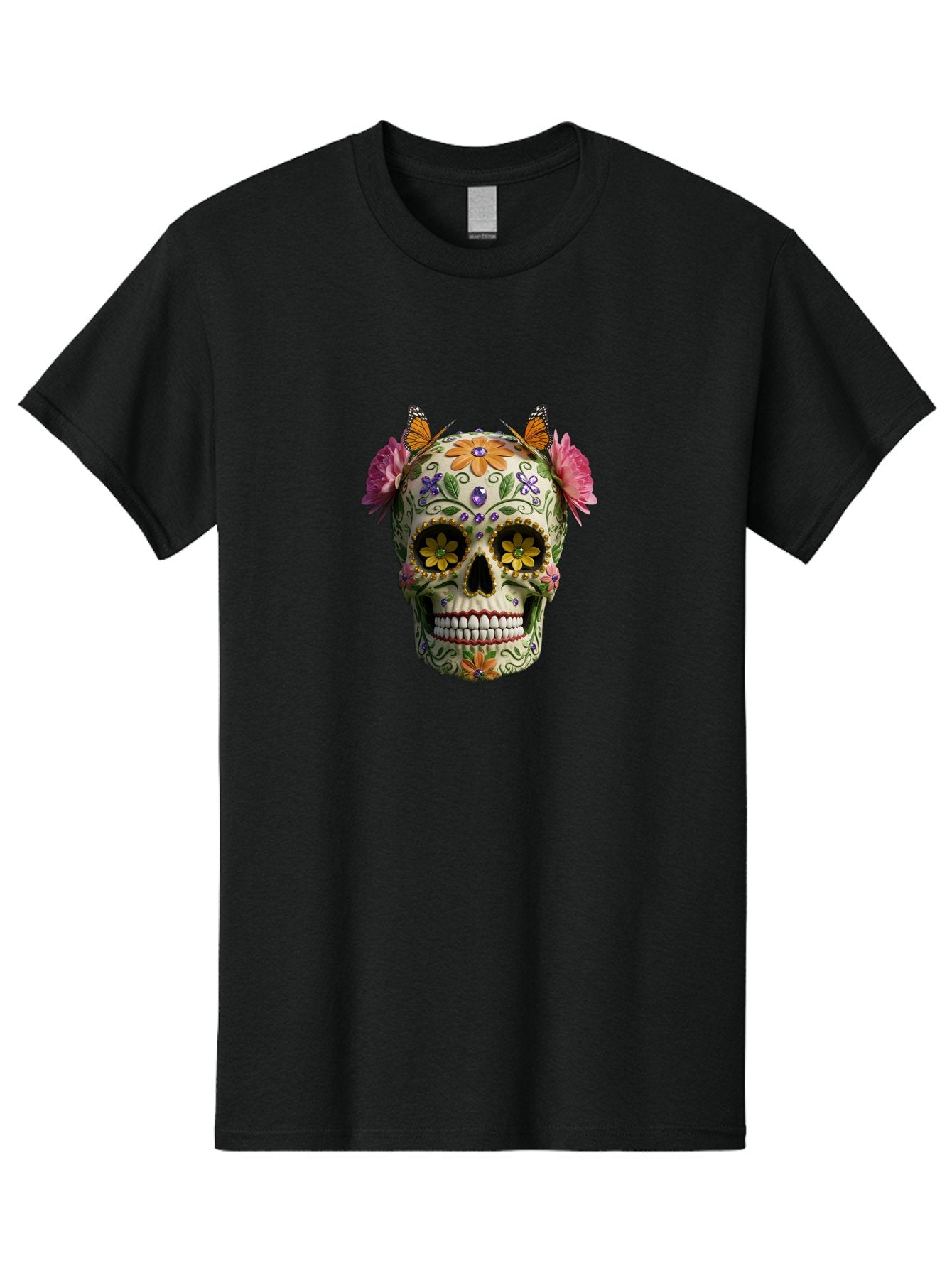 Sugar-Skull-23 Men'S Graphic Tee, 100% Cotton, Comfortable Casual Summer Wear, Machine Washable, Sugar Skull, Floral Designs, Vibrant Colors, Butterfly Decorations, Day Of The Dead, Mexican Culture, Festive Atmosphere, Colorful Flowers, Bad773 4