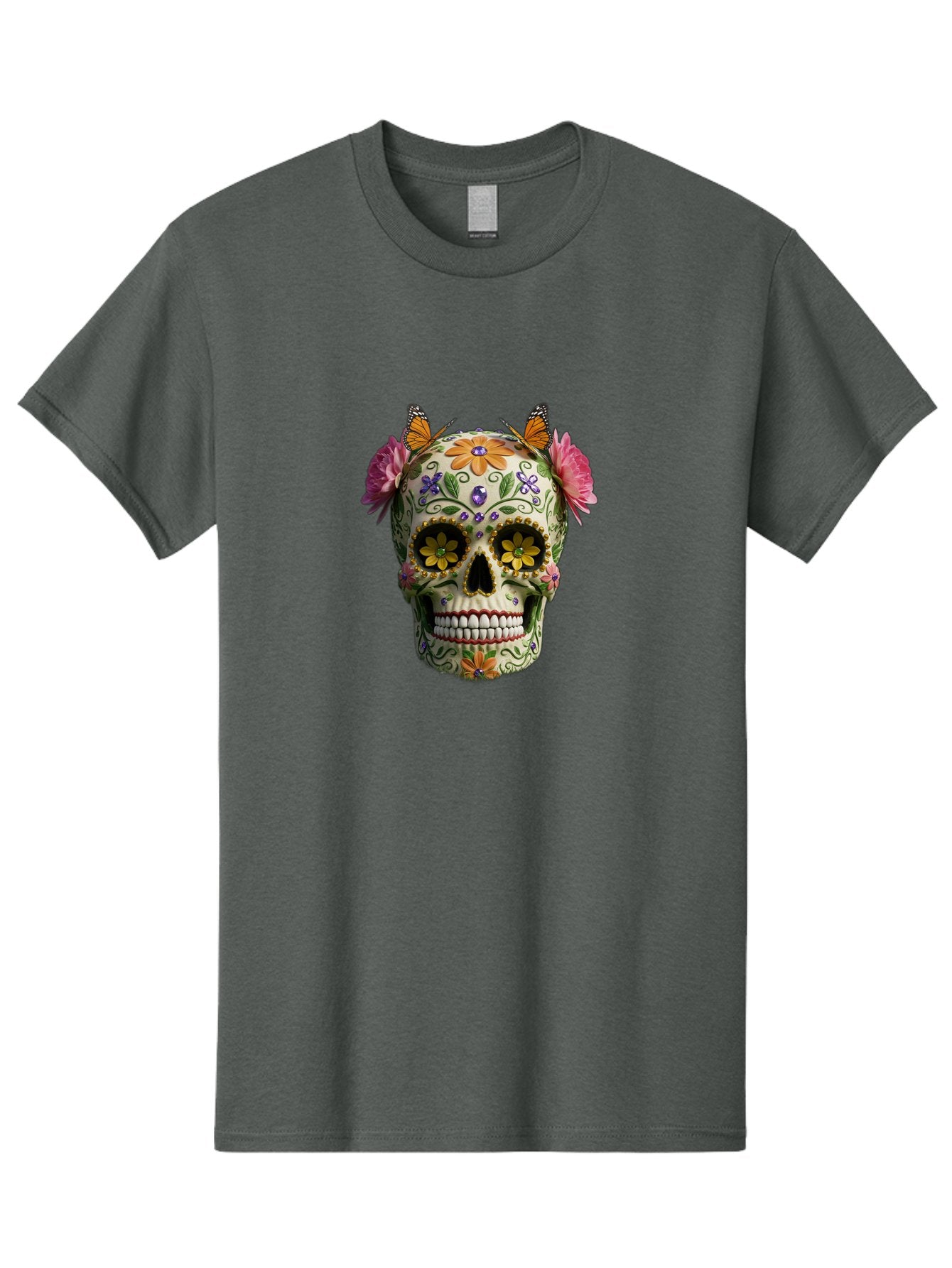Sugar-Skull-23 Men'S Graphic Tee, 100% Cotton, Comfortable Casual Summer Wear, Machine Washable, Sugar Skull, Floral Designs, Vibrant Colors, Butterfly Decorations, Day Of The Dead, Mexican Culture, Festive Atmosphere, Colorful Flowers, Bad773 8