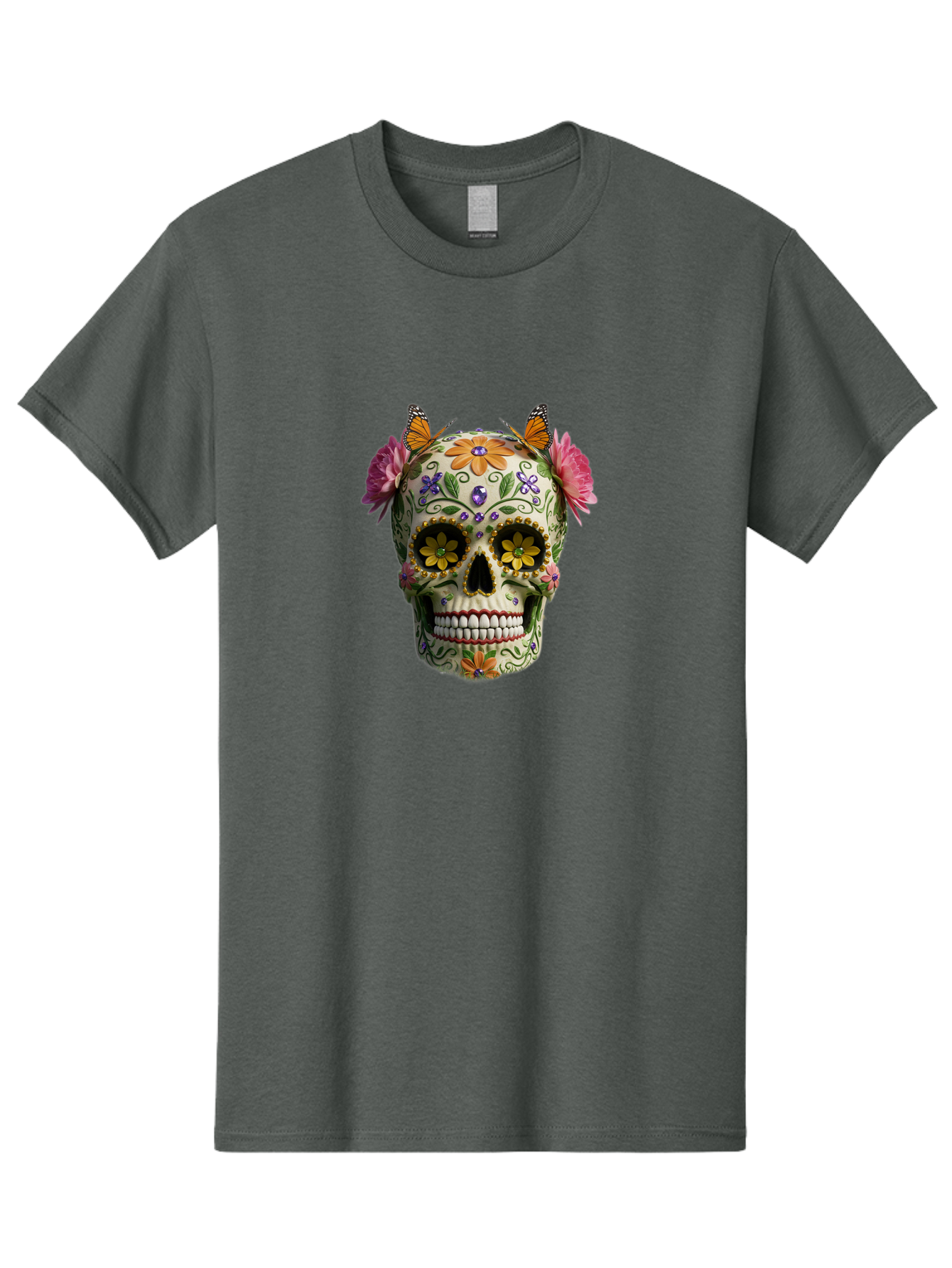 Sugar-Skull-23 Men'S Graphic Tee, 100% Cotton, Comfortable Casual Summer Wear, Machine Washable, Sugar Skull, Floral Designs, Vibrant Colors, Butterfly Decorations, Day Of The Dead, Mexican Culture, Festive Atmosphere, Colorful Flowers, Bad773 6