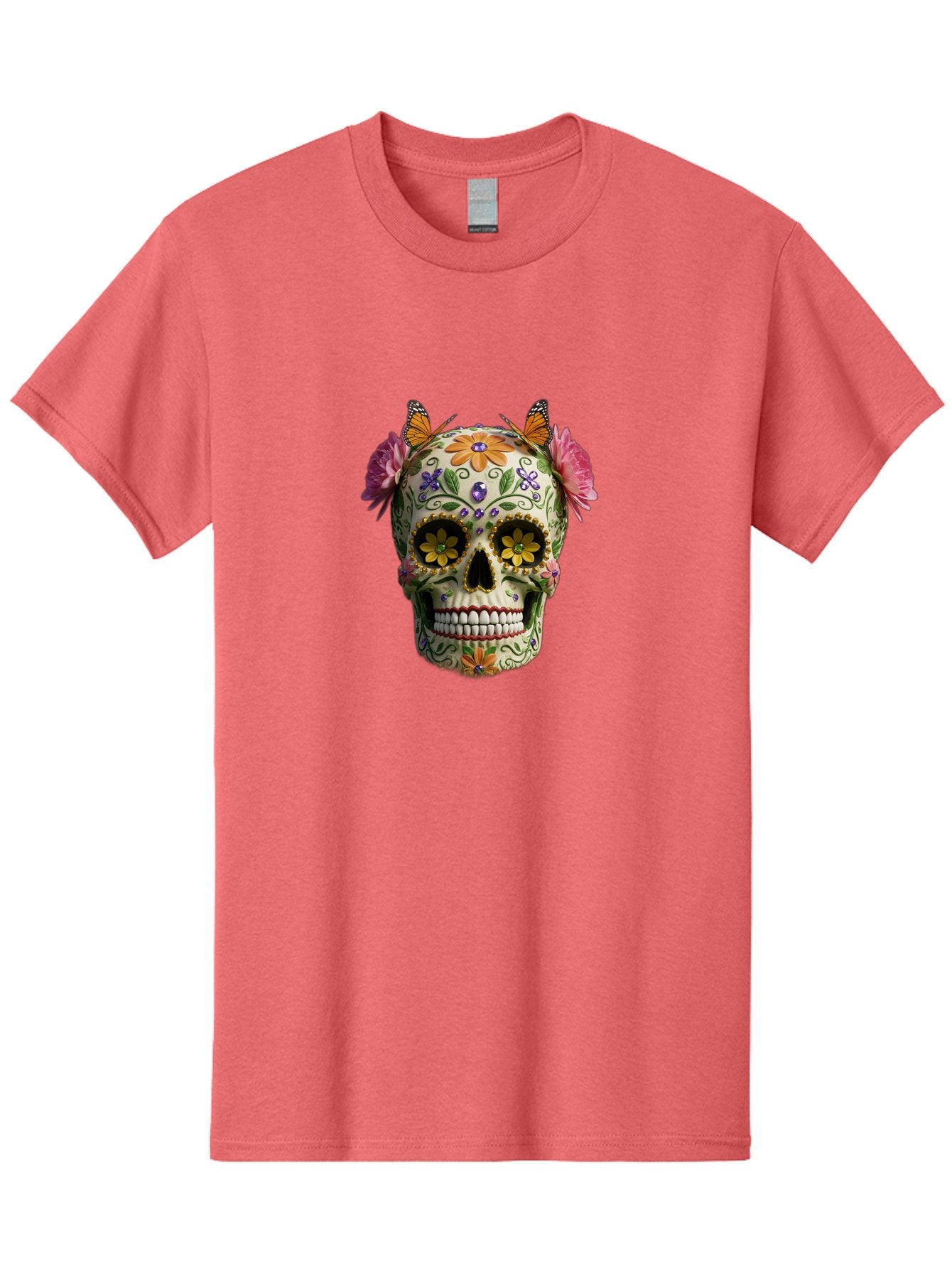 Sugar-Skull-23 Men'S Graphic Tee, 100% Cotton, Comfortable Casual Summer Wear, Machine Washable, Sugar Skull, Floral Designs, Vibrant Colors, Butterfly Decorations, Day Of The Dead, Mexican Culture, Festive Atmosphere, Colorful Flowers, Bad773 14