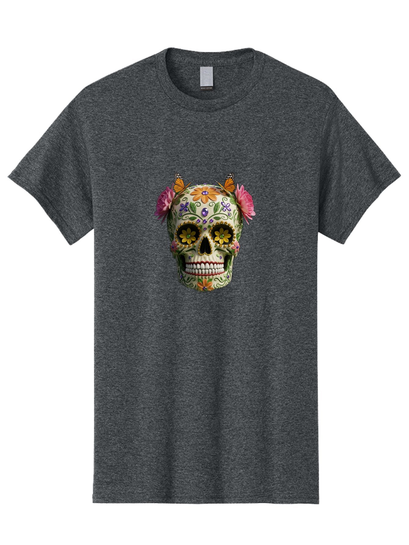 Sugar-Skull-23 Men'S Graphic Tee, 100% Cotton, Comfortable Casual Summer Wear, Machine Washable, Sugar Skull, Floral Designs, Vibrant Colors, Butterfly Decorations, Day Of The Dead, Mexican Culture, Festive Atmosphere, Colorful Flowers, Bad773 15