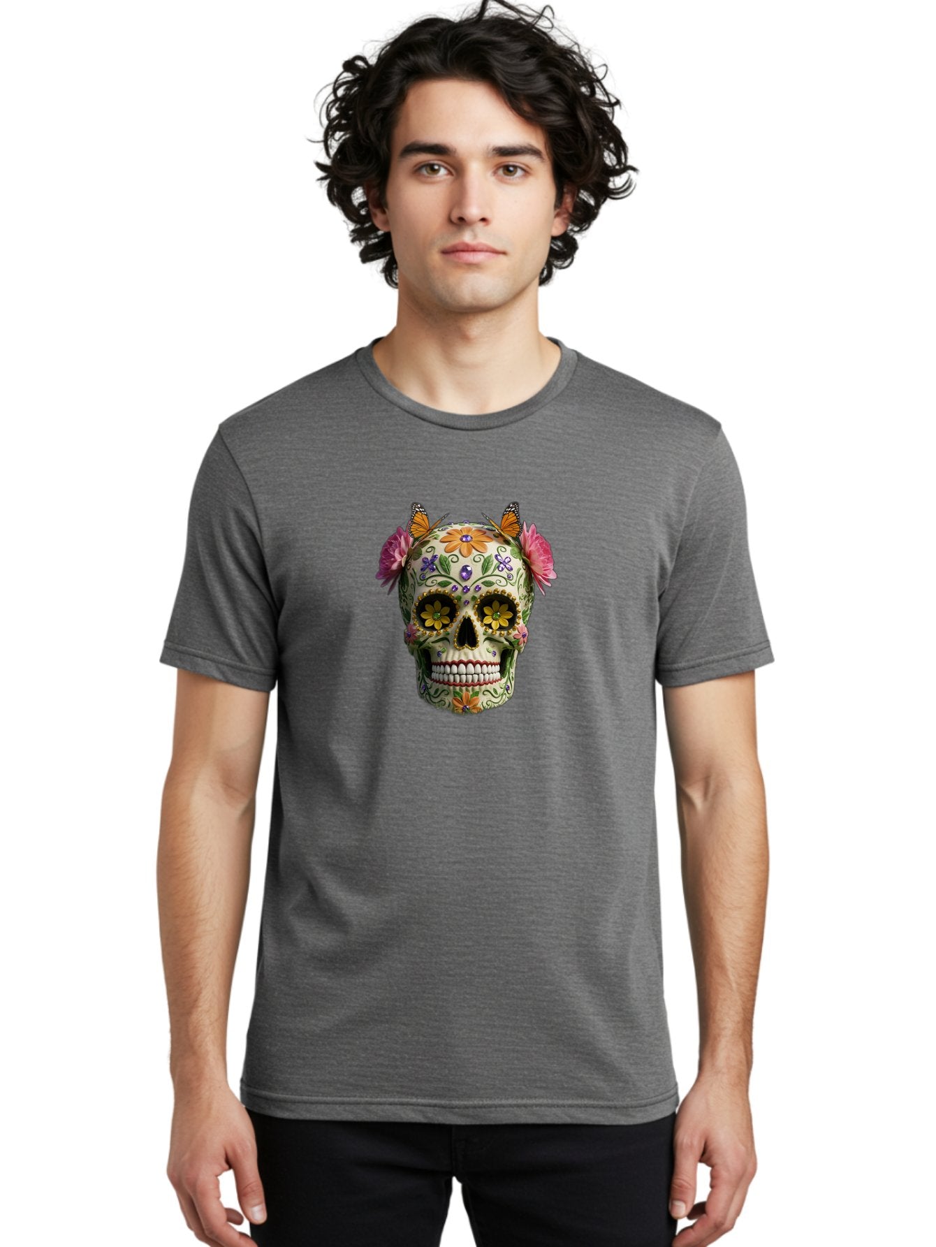 Sugar-Skull-23 Men'S Graphic Tee, 100% Cotton, Comfortable Casual Summer Wear, Machine Washable, Sugar Skull, Floral Designs, Vibrant Colors, Butterfly Decorations, Day Of The Dead, Mexican Culture, Festive Atmosphere, Colorful Flowers, Bad773 23