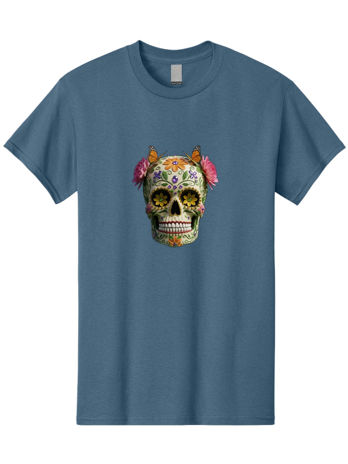 Sugar-Skull-23 Men'S Graphic Tee, 100% Cotton, Comfortable Casual Summer Wear, Machine Washable, Sugar Skull, Floral Designs, Vibrant Colors, Butterfly Decorations, Day Of The Dead, Mexican Culture, Festive Atmosphere, Colorful Flowers, Bad773 3