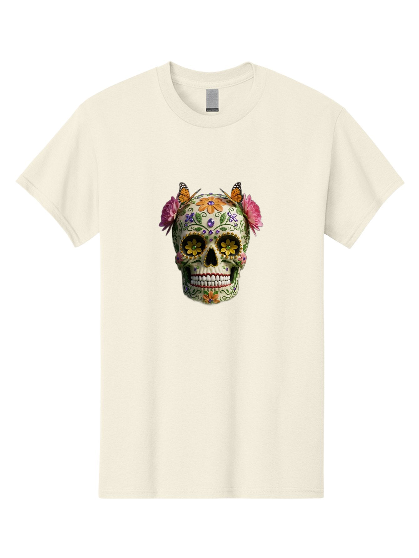Sugar-Skull-23 Men'S Graphic Tee, 100% Cotton, Comfortable Casual Summer Wear, Machine Washable, Sugar Skull, Floral Designs, Vibrant Colors, Butterfly Decorations, Day Of The Dead, Mexican Culture, Festive Atmosphere, Colorful Flowers, Bad773 10
